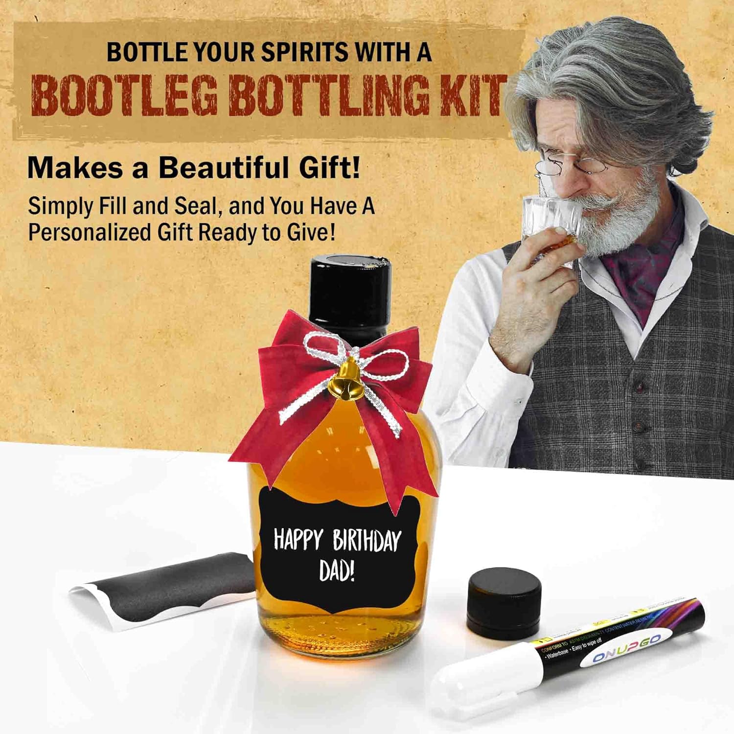 DIY Whiskey Bottling Kit - Bootleg Bottle Set with (4) 375ml Glass Bottles, Caps, Shrink Wrap Sleeves, Chalkboard Labels & Pen - for Homemade Bourbon Making, Barrel Aged Cocktails & Whiskey Infusions
