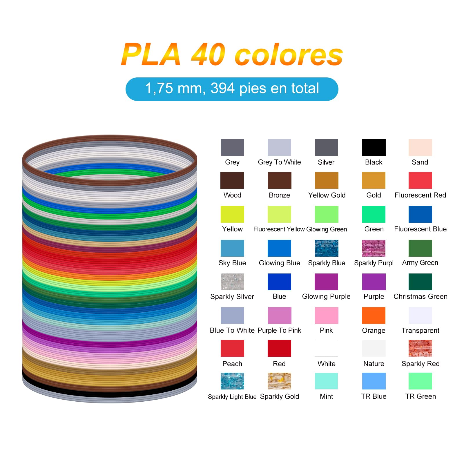Kretrum 40 Color Filamento 3D Lápiz PLA 1,75 mm Filamento Lápiz 3D Compatible con MYNT3D y SCRIB3D NO APTO PARA 3Doodler 3D bolígrafo 3m de cada color un total de 394 pies