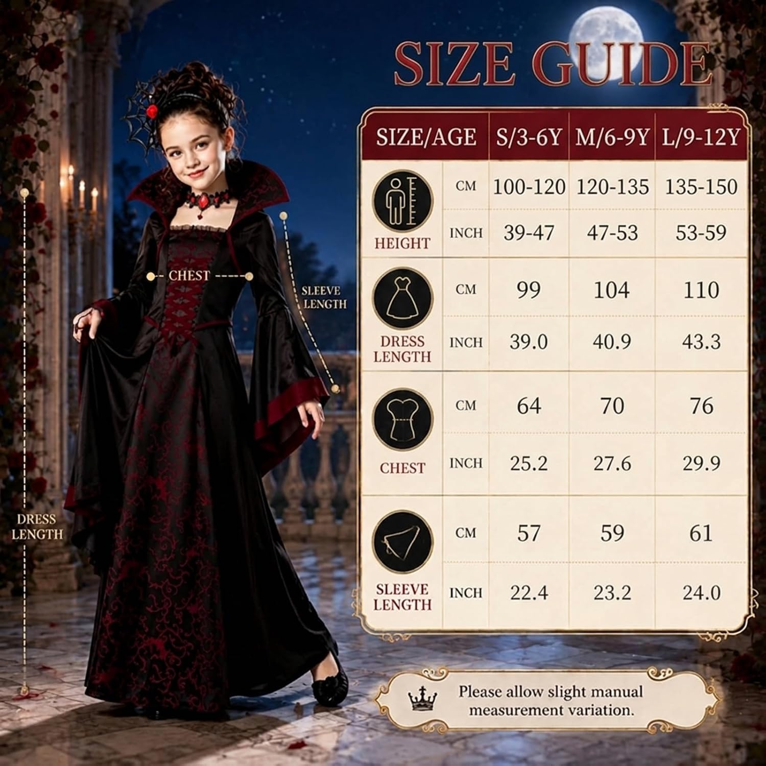 Girls Vampire Princess Dress Costume Halloween Costumes for Kid Age 3-12