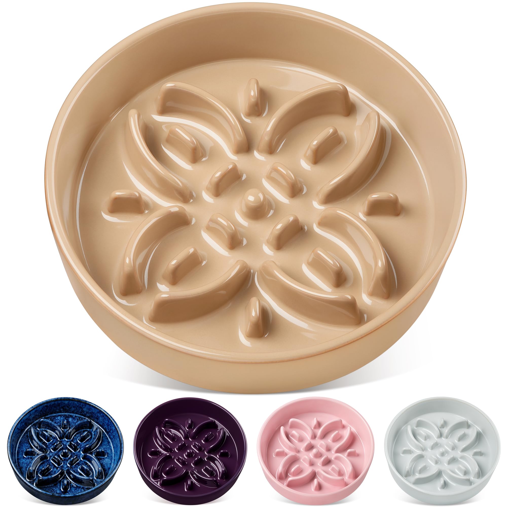 vancasso Ceramic Slow Feeder Dog Bowls, Puzzle Dog Food Bowls with Floral Maze, Anti -Slip Pet Food Dish for Small Breed, 3 Cups, Beige