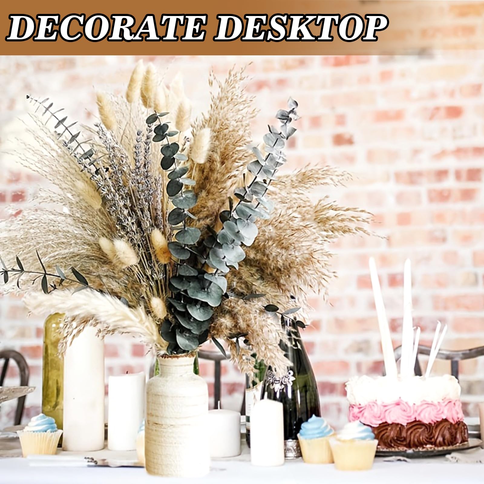 HhBdy 100 Piezas Pampas Secas Decoracion, Flores Secas con Eucalipto Preservado Flores Secas Naturales Decoracion Hogar Estilo Bohemio para Mesa de Comedor Boda Decoración para Fiestas