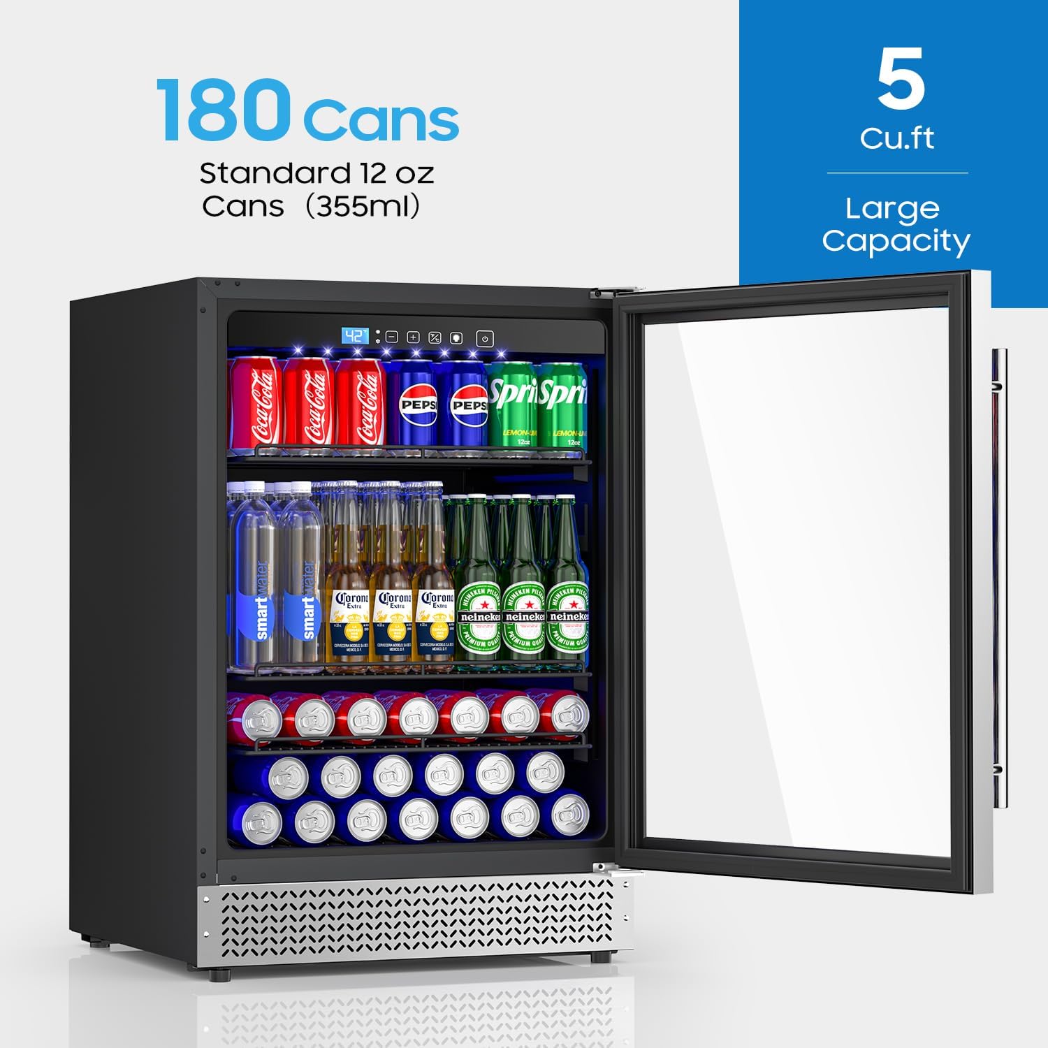 24 Inch Beverage Refrigerator, 180 Can Drink Fridge with Glass Door, 37-64°F Built-in or Freestanding Under Counter Beverage Cooler, Reversible Door & Adjustable Shelves-for Kitchen Home Bar (5 Cu.Ft)
