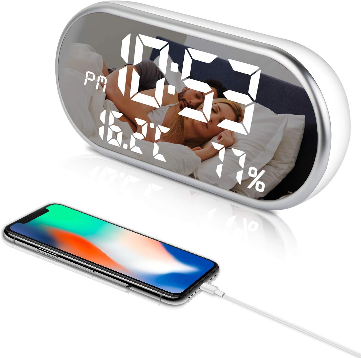 Digital Alarm Clock, Portable Mirror HD LED Time/Humidity/Temperature/Display Function, 3 Brightness Adjustment, Dual USB Port Charging, Suitable for Bedroom, Office, Travel, One Size