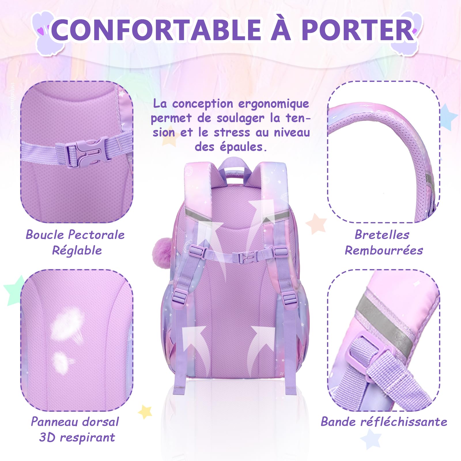 Sisipoet Cartable Fille Primaire, Cartable Scolaire, Sac à Dos Léger avec Plusieurs Compartiments, Respirant et Confortable, Sac à Dos Enfant 9-16 Ans du CP à la 6ème pour l’École et les Voyages