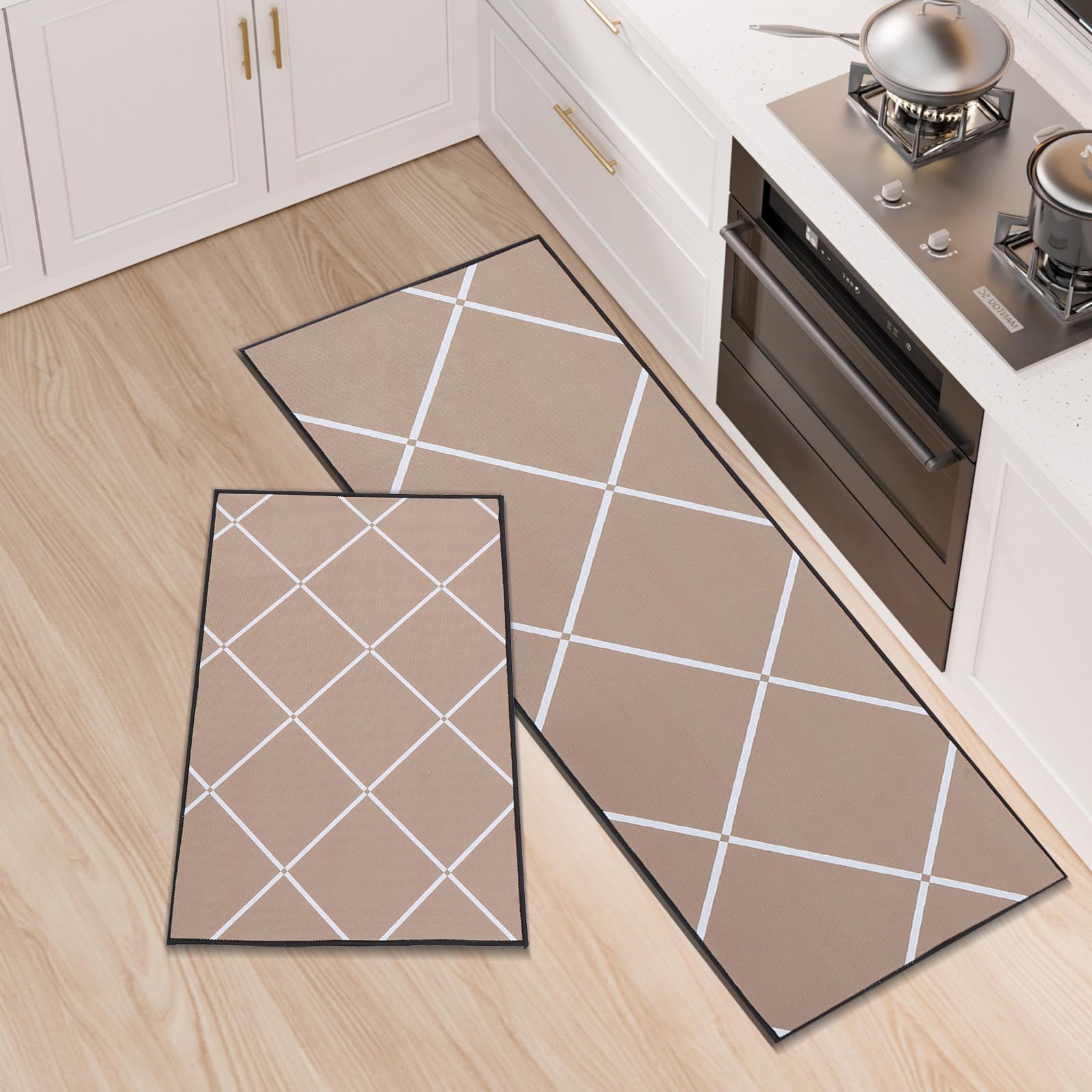 LY4U Juego de 2 Alfombras de Cocina, Alfombrillas de Cocina Lavables, Corredera Antideslizante, Alfombrilla Absorbente para Entrada y Decoración del Hogar de Oficina, 43x75+43x120cm, Caqui