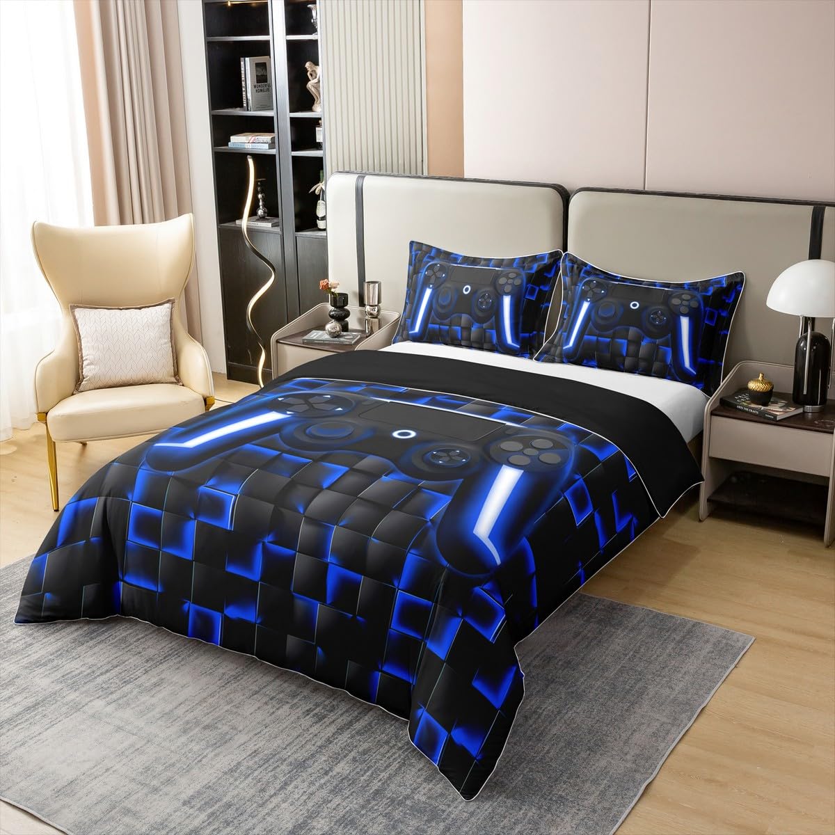 Homewish Juego de ropa de cama de 100 % algodón, 135 x 200 cm, juego de ropa de cama para videojuegos geométrica, juego de ropa de cama para videojuegos, decoración de sala de juegos, luces de neón