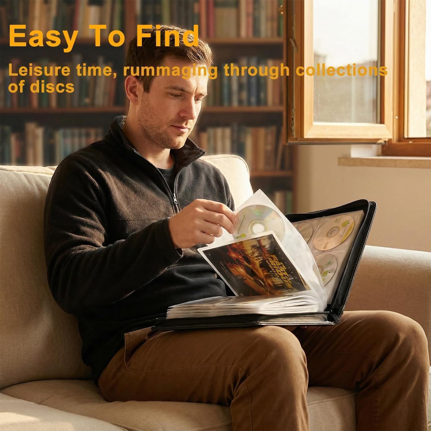 CD DVD Storage Binder with Zipper - Holds 56 Discs & 28 Booklet Pockets & 56 Tag Slots, High-end PU Leather Cover for Blu-ray Movies, Music CDs, Audio Disks, Portable Media Organizer