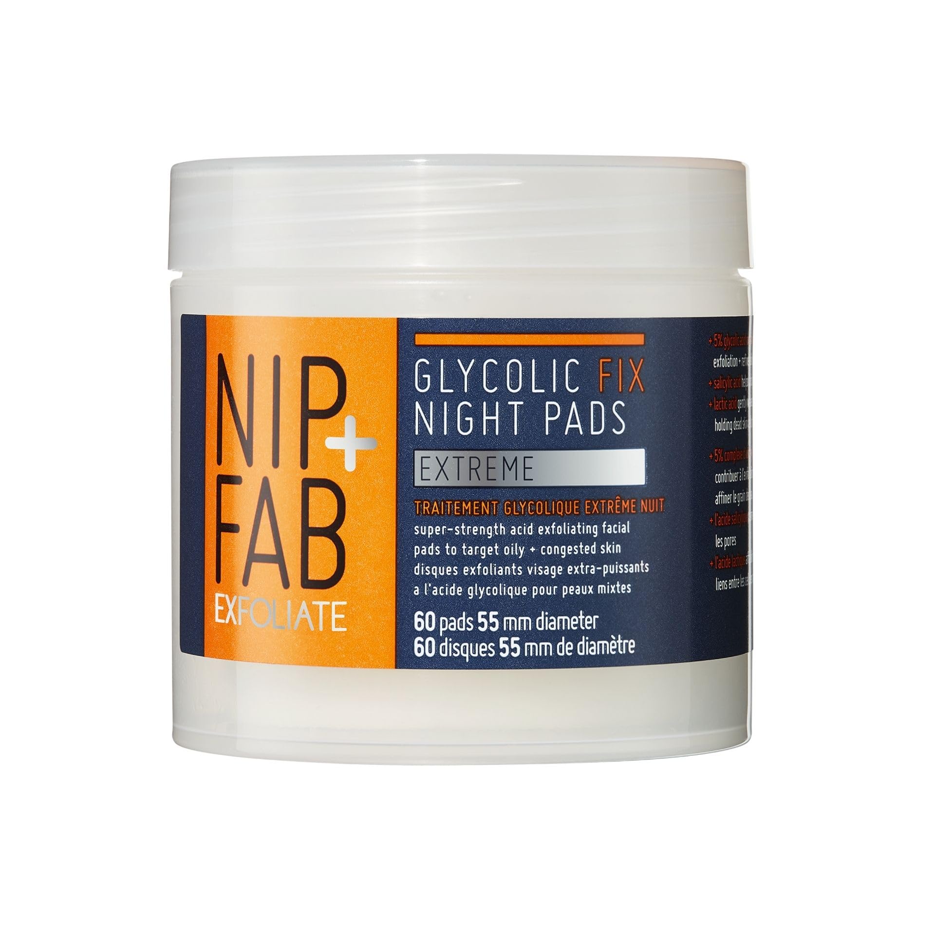 Nip+Fab Glycolic Fix Night Pads Extreme, Almohadillas Faciales Exfoliantes con Ácido Glicólico para la Noche | Peeling Ácido, Peeling De Ácido Intensivo, 60 Piezas