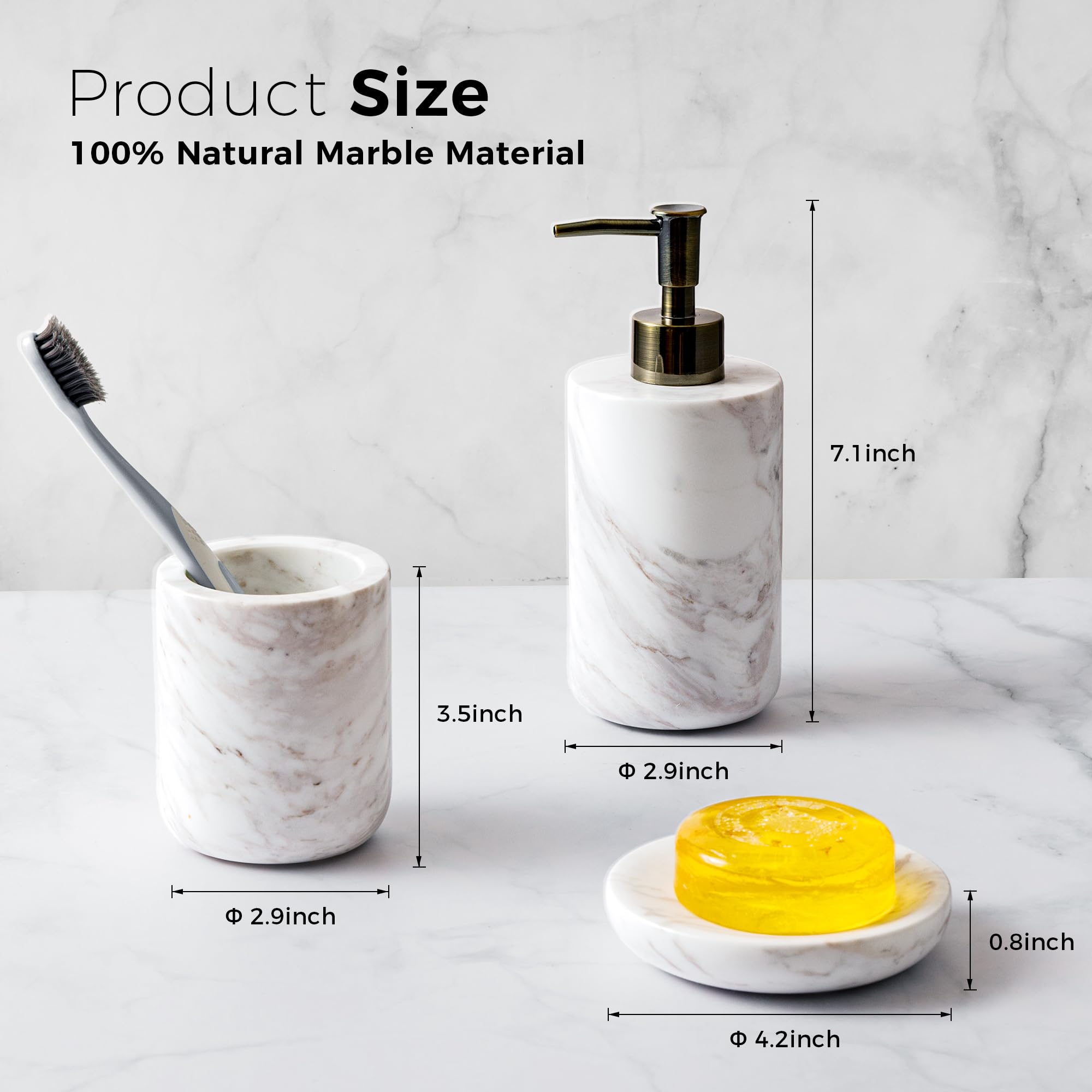 WH054 - Juego de accesorios de baño de mármol natural de Italia, juego de accesorios de baño de 3 piezas con soporte para cepillo de dientes, dispensador de jabón líquido y bandeja de jabonera,