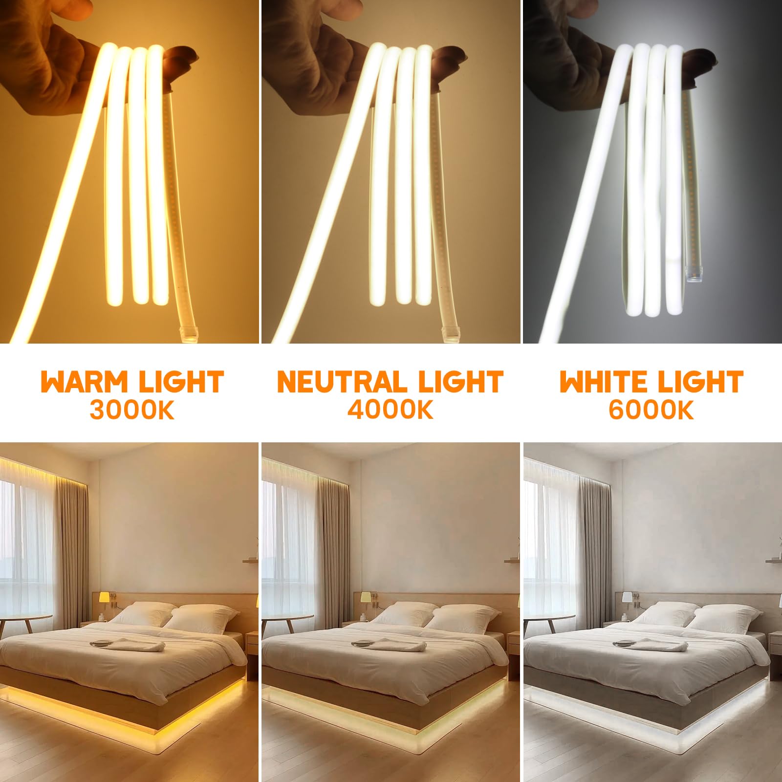 COB Neon LED Streifen, AC220-240V 288LEDs/m Superhell Flexible FCOB LED Leuchtband (Schnitt alle 50cm), COB LED Band mit Stromkabel für Weihnachten, Party Heim DIY Deko (Naturweiß, 10M)