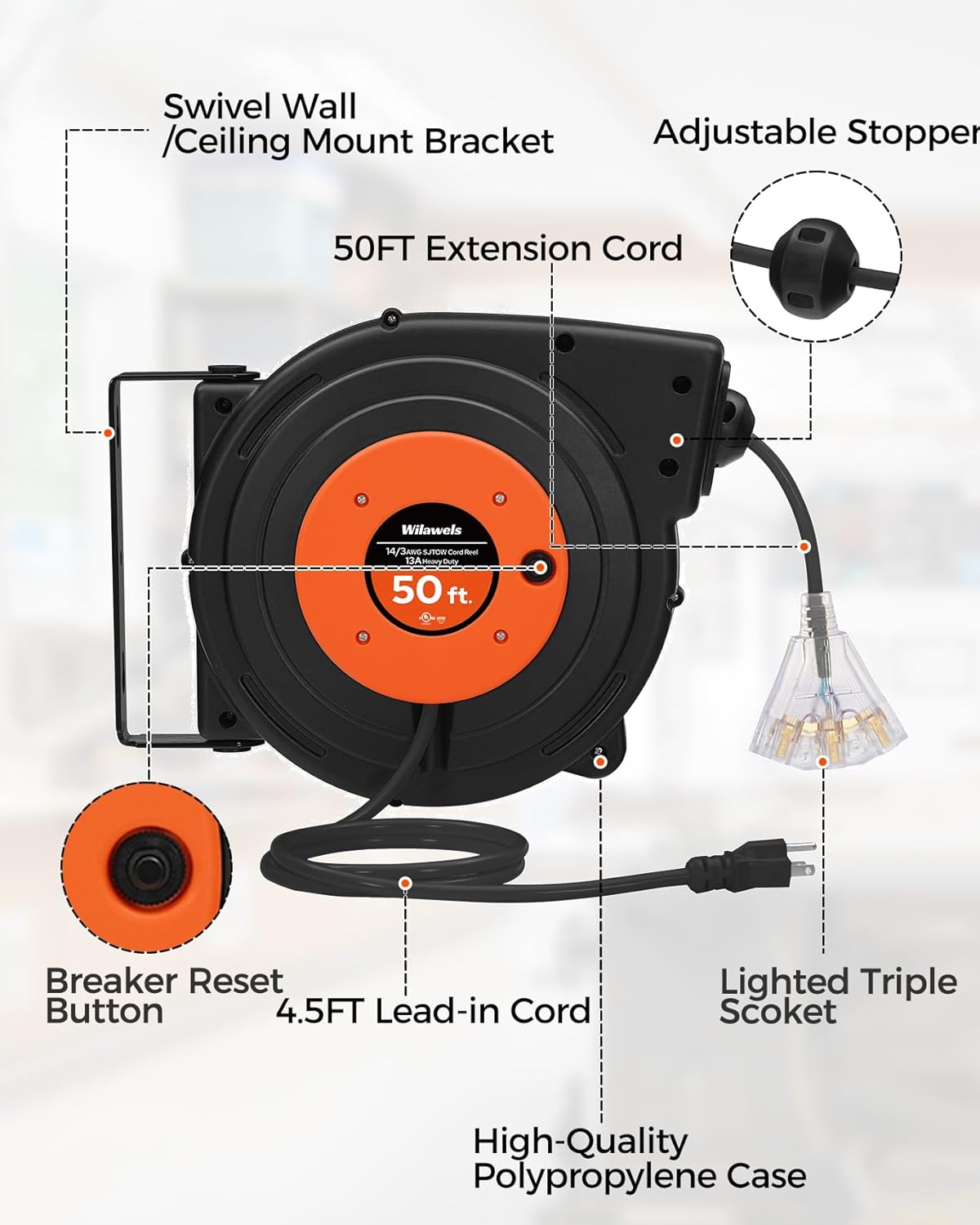 Retractable Extension Cord Reel, 50 FT Heavy Duty Power Cord, 14AWG/3C SJTOW, 3 Grounded Outlets Lighted Triple Tap, 13 Amp Circuit Breaker, UL Listed, Orange B50CR06