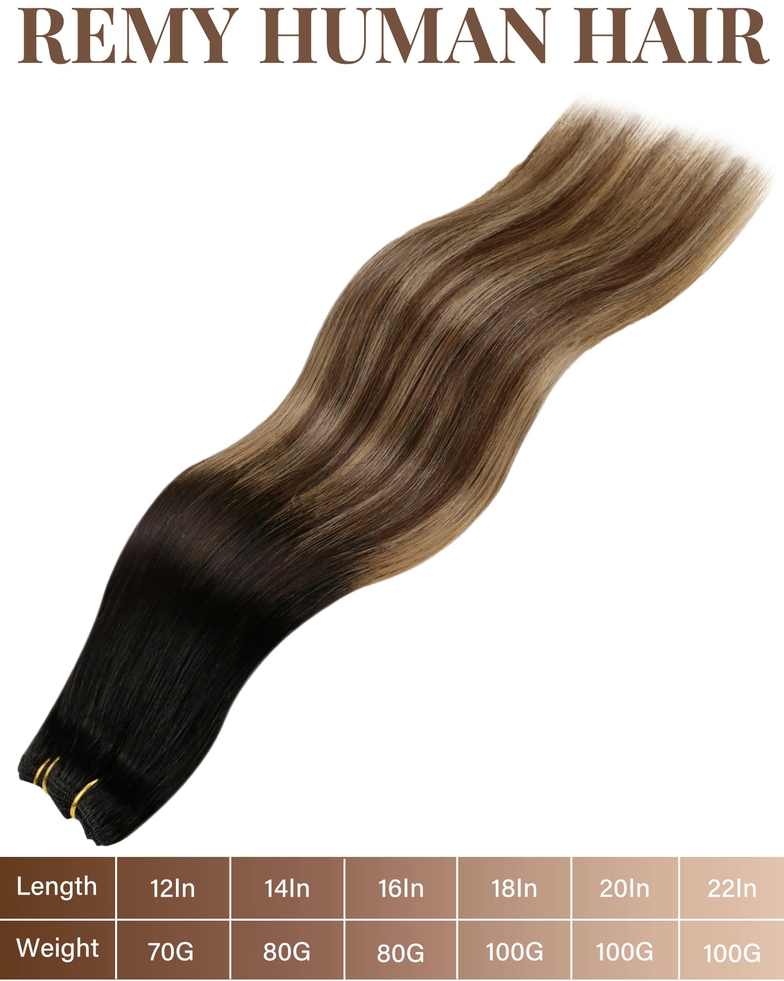 Hetto Weft Hair Extensions Real Human Hair 18 Inch 100g Balayage Black to Brown Mix Blonde - Image 4