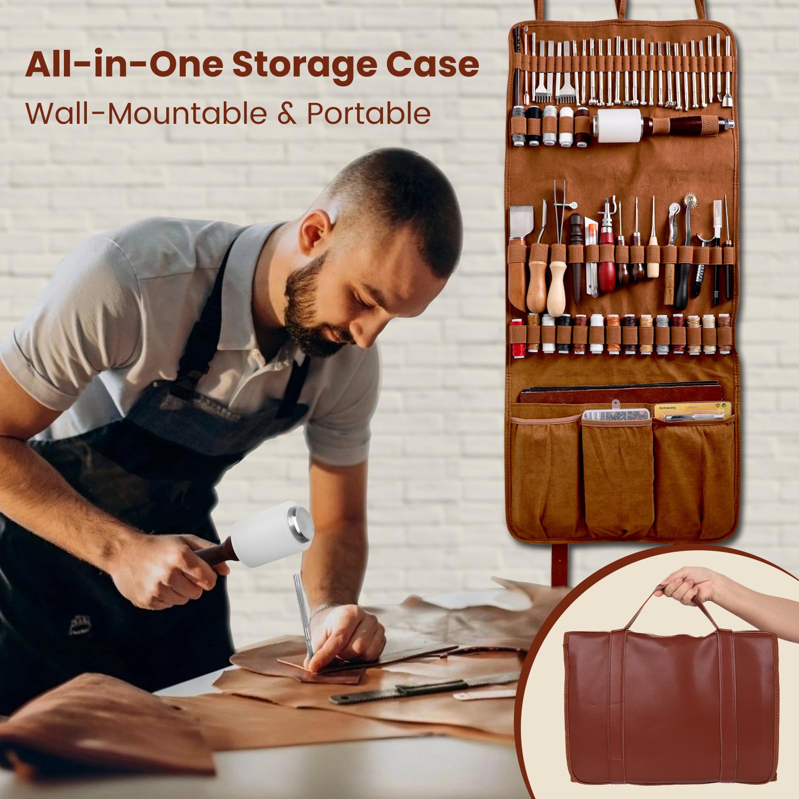 ZAMQIU Lederarbeitsset, 155-teiliges Leder-Werkzeugset mit Schnitzen, Stempeln, Nähen, Stanzen, Schneiden, Lederbearbeitungswerkzeug-Set für Anfänger, DIY Handwerk Starterset für Brieftasche, Gürtel
