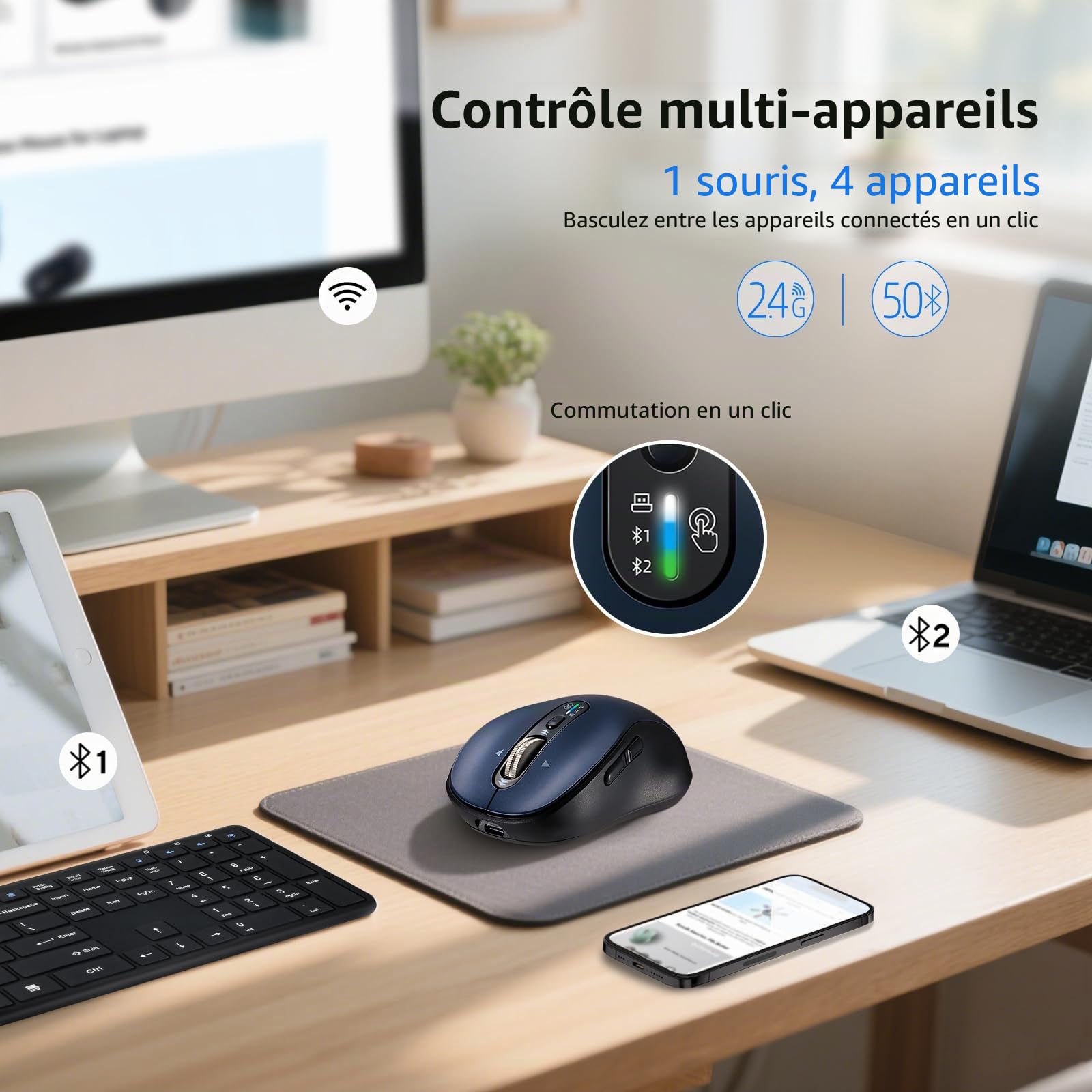 Souris Bluetooth sans fil, souris d'ordinateur ergonomique multi-appareils, super défilement en métal, ± 3200 DPI, 10 boutons, Plug & Play, silencieuse, rechargeable, souris sans fil USB pour