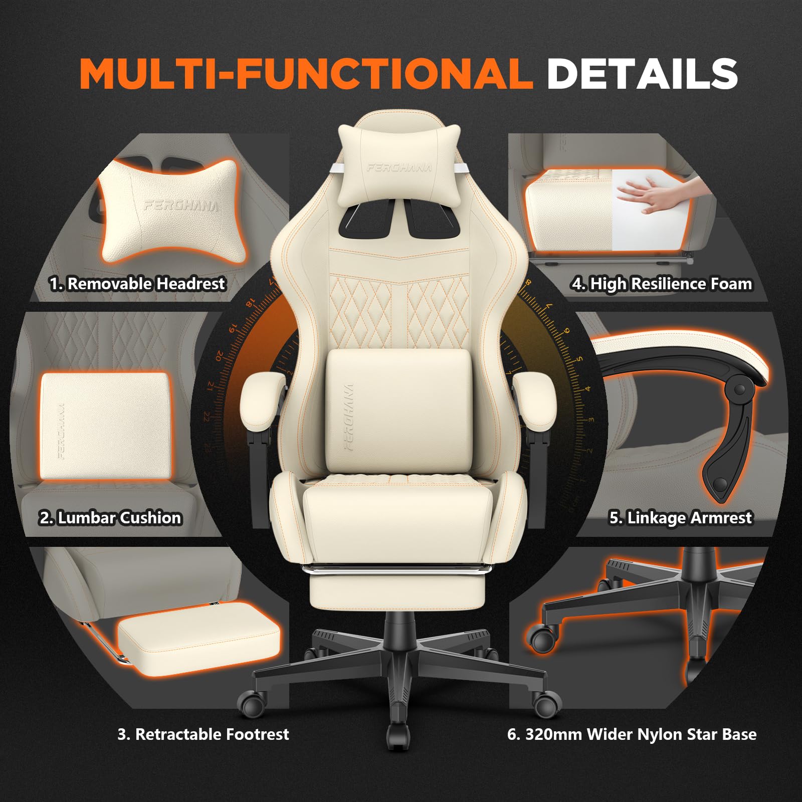 Ferghana Silla Gaming Ergonómica,Silla Juegos Altura Regulable Basculante con Reposacabezas,Cojín Lumbar,Reposapiés,Silla de Oficina con Respaldo Regulable,Rotación de 360°,Bianco