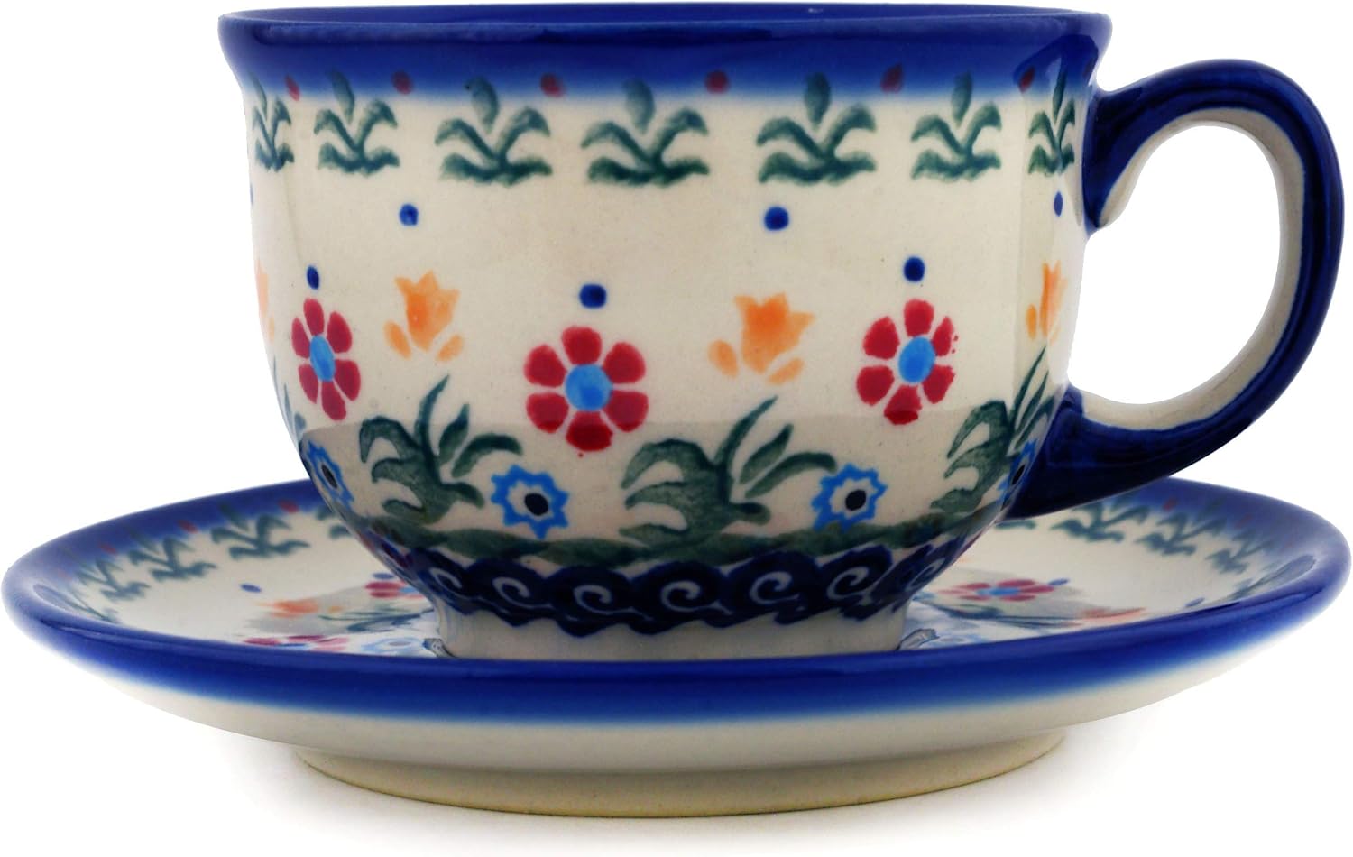 Polmedia Polish Pottery Cup with Saucer - Spring Flowers Pattern Handmade in Boleslawiec Poland by Ceramika Bona + Certificate of Authenticity