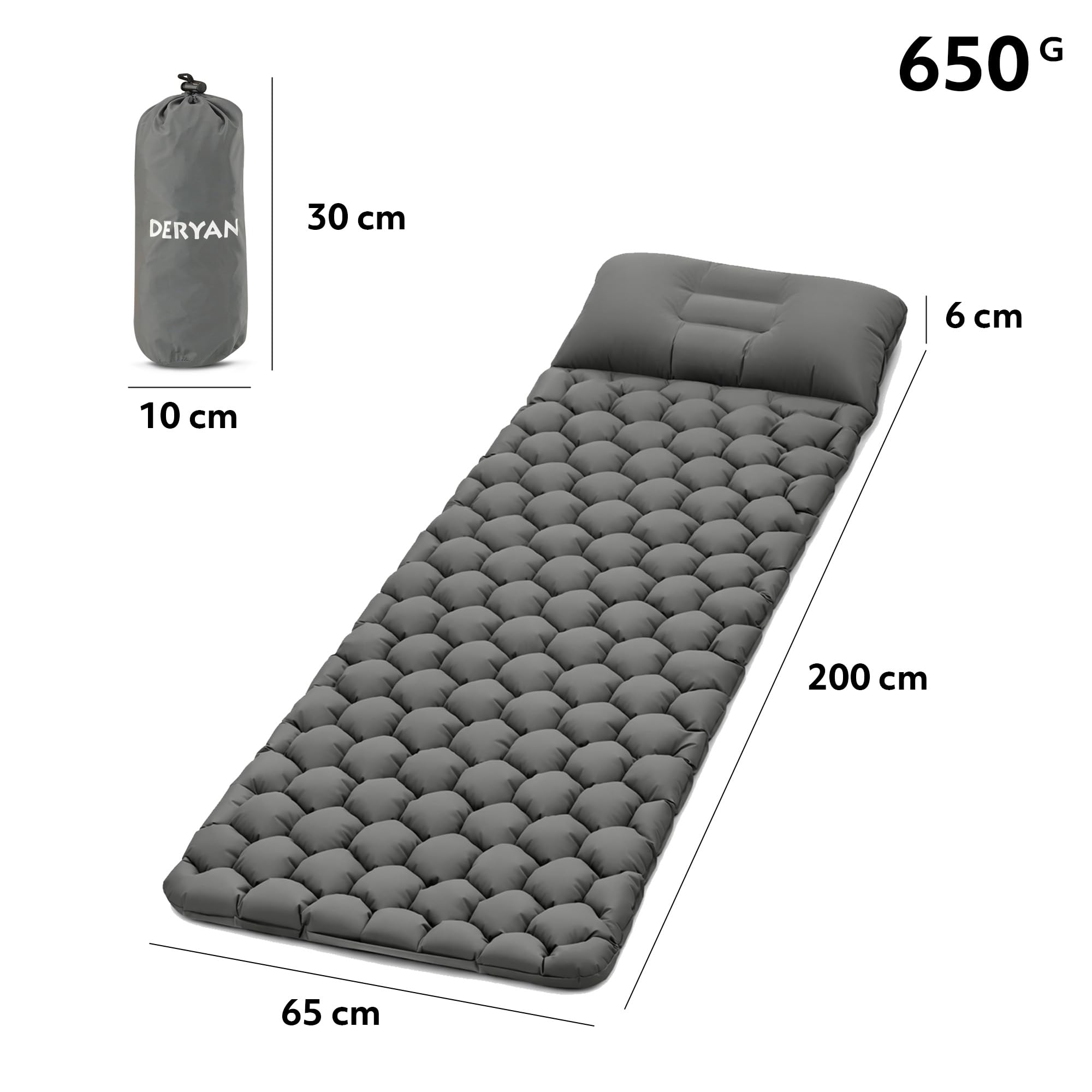 Deryan Matelas de Camping Matelas autogonflant ultraléger avec Oreiller et Pompe à Pied intégrée Matelas de Camping Gonflable Portable et Compact pour Le Trekking en Plein Air, Vert (Gris)