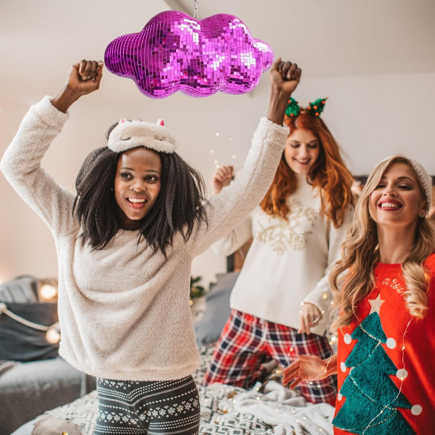 Disco Ball Cloud Shaped, Cute Hanging Party Mirror Decor with Chain, Retro Light Reflective Ball for Party Home Decor, Disco Mirror Ornaments, Design Patent, Purple