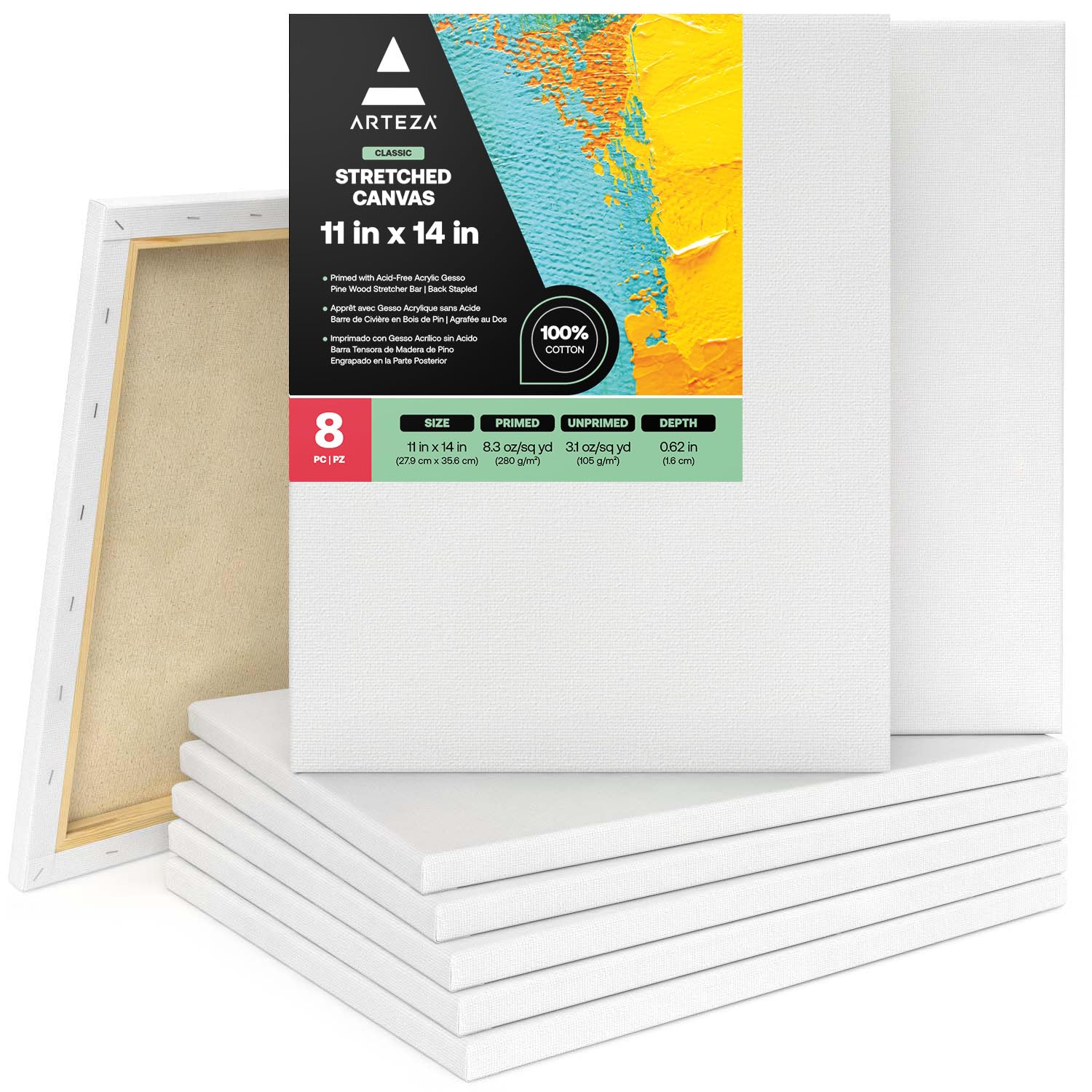 ARTEZA Stretched Canvas 11x14 Inches Pack of 8 – Blank White Canvases for Acrylic, Oil, Gouache Painting – Cotton, Pre-Primed with Gesso