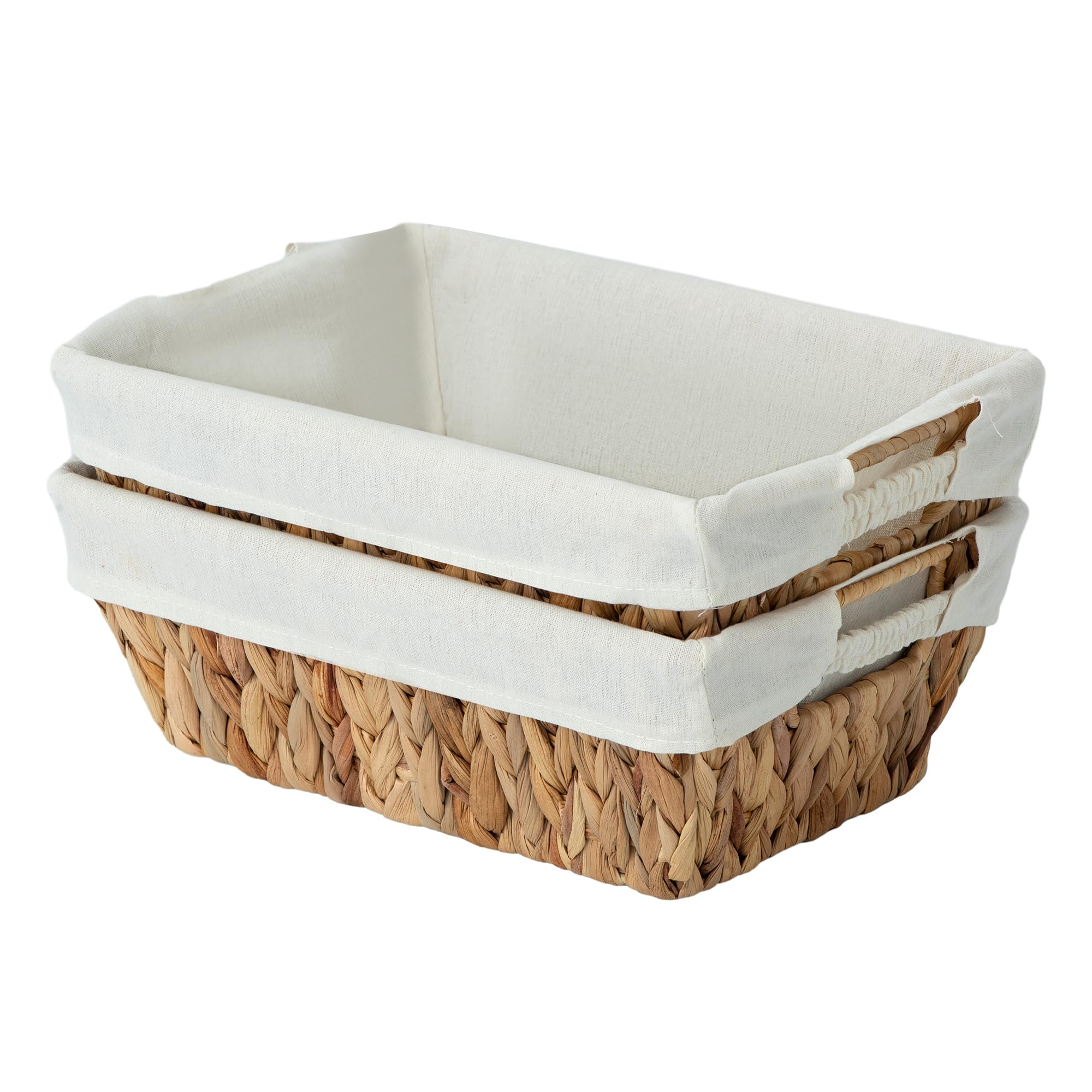 Water Hyacinth Storage Baskets with Removable Washable Liner, Set of 2 Handwoven Wicker Organizer Bins for Bathroom, Pantry, Kitchen, Closet, Nursery & Shelf Storage, Natural