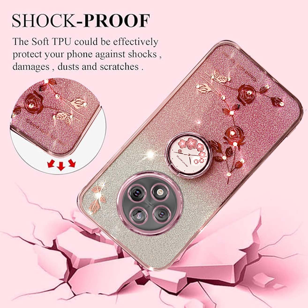 Glitter Cover Per Oppo Reno 12 FS 5G Con Anello Supporto - Custodia Morbida TPU Trasparente Viola - Antiurto