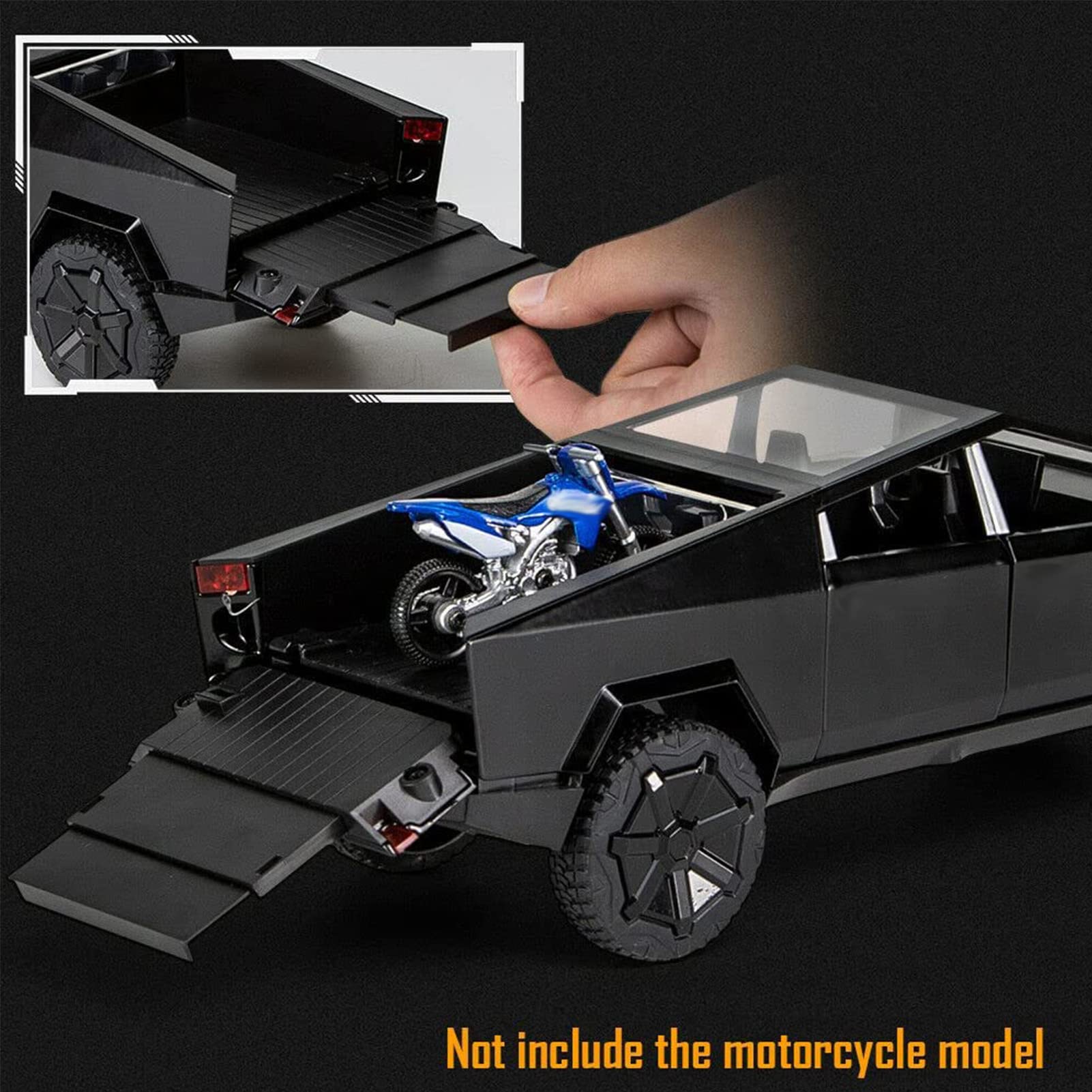 Coche Tesla Cybertruck 1/32 Con Sonido, Luz Y Motocicleta – Modelo De Aleación Pull-Back Para Niños Y Coleccionistas