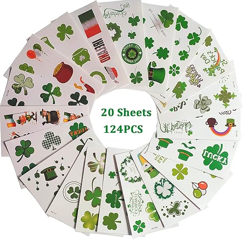 Miniatura 8 de FAMYGFT 20 hojas de tatuajes temporales del día de San Patricio tatuajes de trébol impermeable tatuajes falsos de trébol de 4 hojas de la suerte
