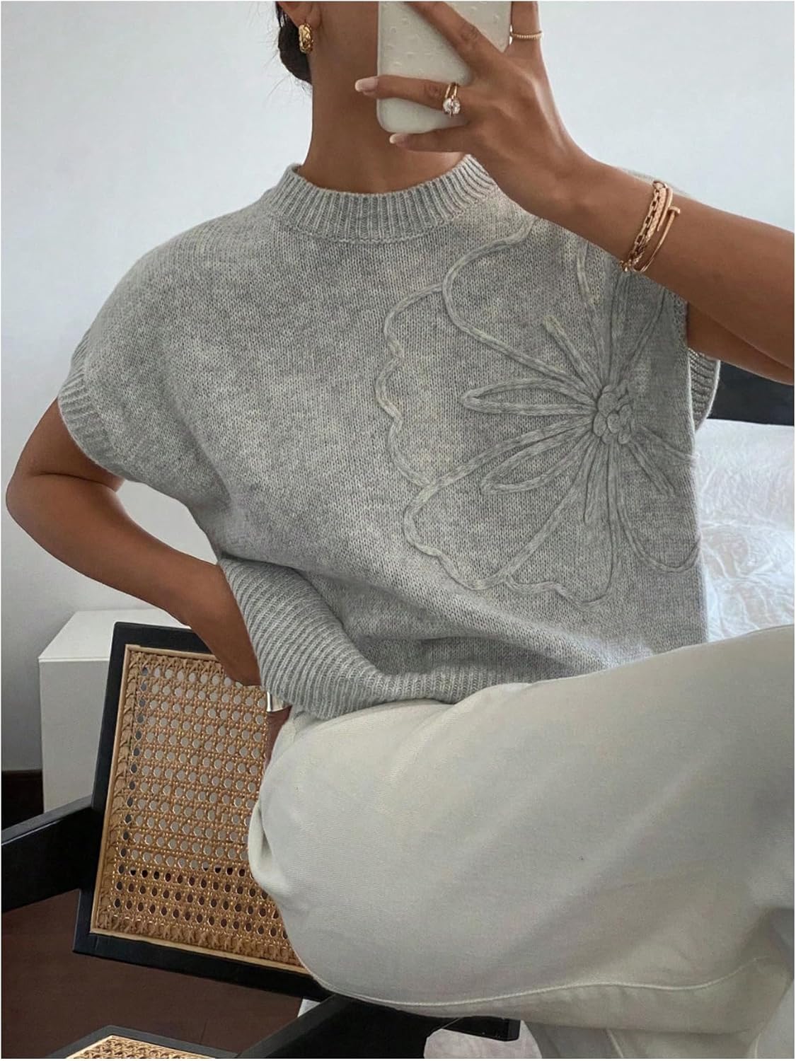 MakeMeChic Women's Bow Sweater Cute Summer Tops Plaid Short Sleeve Crew Neck Y2K Knitted Pullover - Image 5