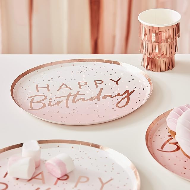 Ginger Ray Rose Gold Ombre Happy Birthday Paper Party Plates 8 Pack