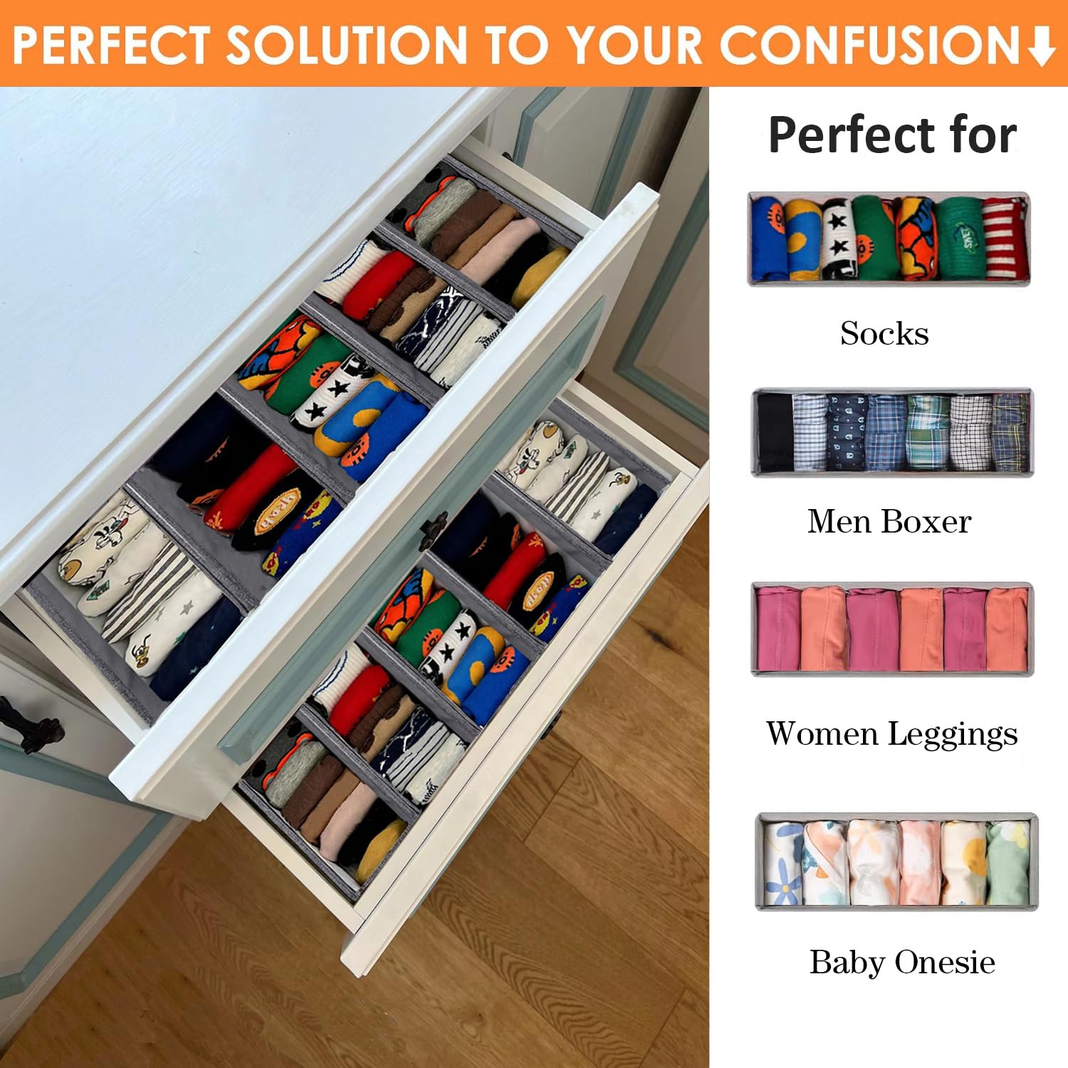 Tosoda Underwear Drawer Organiser Women Men Drawer Dividers for Underwear Clothes, Socks, Ties, Makeup, Cosmetics (Grey 4Pcs-40cm Long) - Image 3