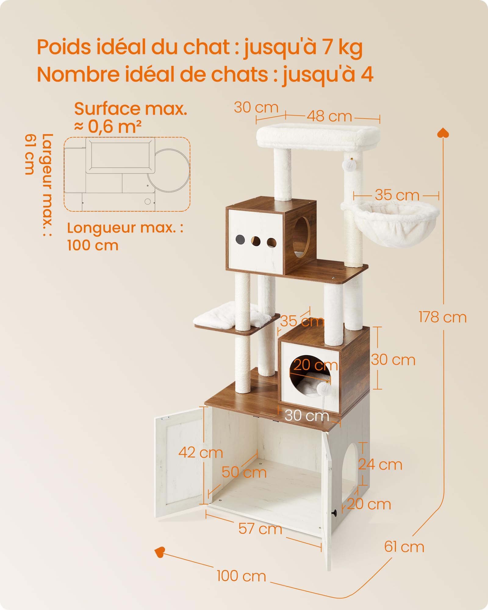 Feandrea Arbre à Chat Moderne avec Cache-litière, Tour de Jeu, Griffoir avec Maison de Toilette, 180 cm, Niche, Plateforme, Tapis Lavables, Marron Miel et Blanc Rustique PCT116K03