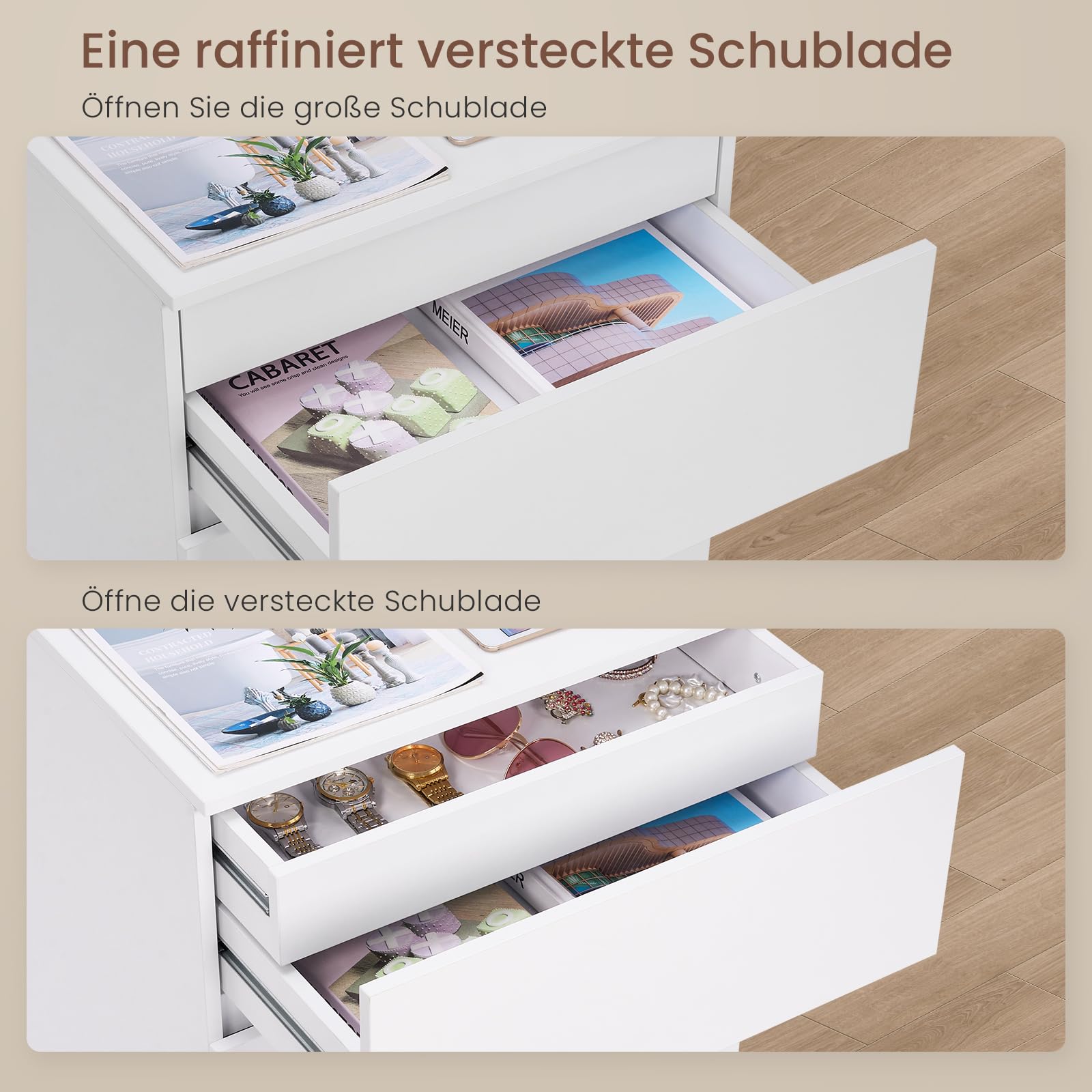 Asgolion Nachttisch mit Steckdosenleiste, Beistelltisch, mit versteckter Schublade, 4 Schubladen, 2 AC-Steckdosen, 1 USB-A-Anschluss, 1 USB-C-Anschluss, modern, Weiß EU25NS661W