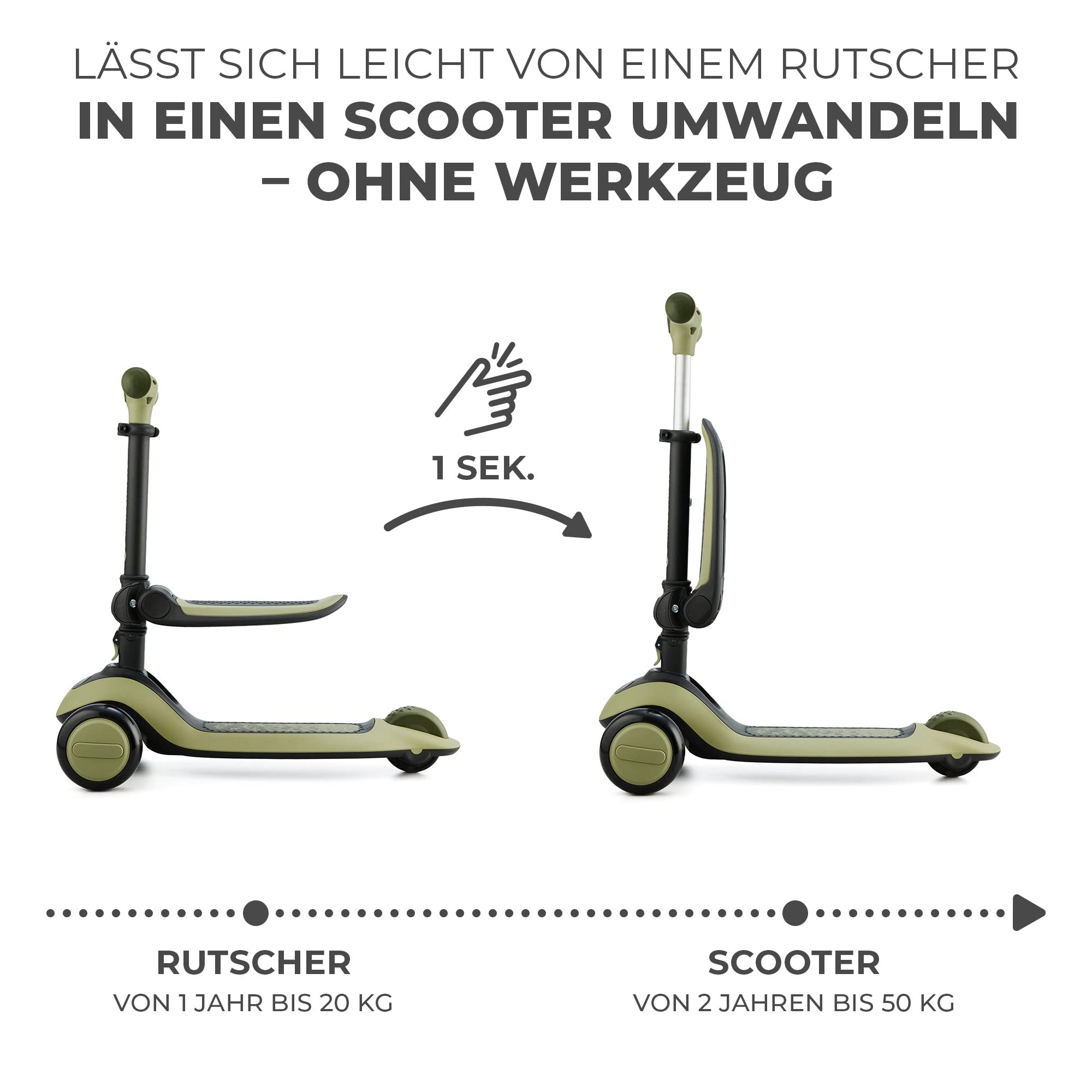 Kinderkraft Halley 2 in 1 Scooter for Kids 1+ Year Old to 50 kg, 3 Wheel Scooter, Balance Bike, Easy Folding, 2 Front Flashing Wheels