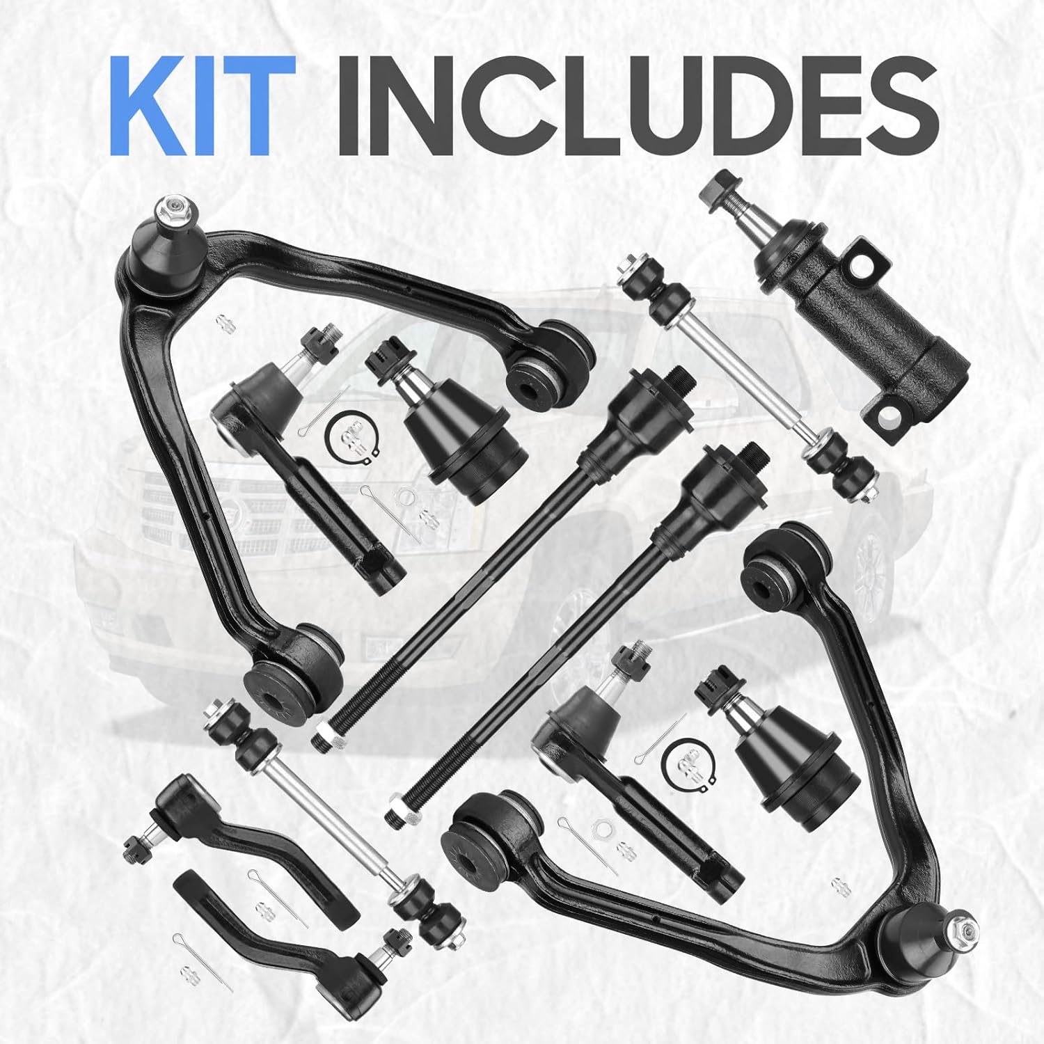 4WD Front Upper Control Arms w/Ball Joints Tie Rods Suspension Kit for 1999-2006 Chevy Avalanche Suburban Silverado 1500 Tahoe, GMC Sierra 1500 Yukon, 2000-2006 Cadillac Escalade (13pc Set)