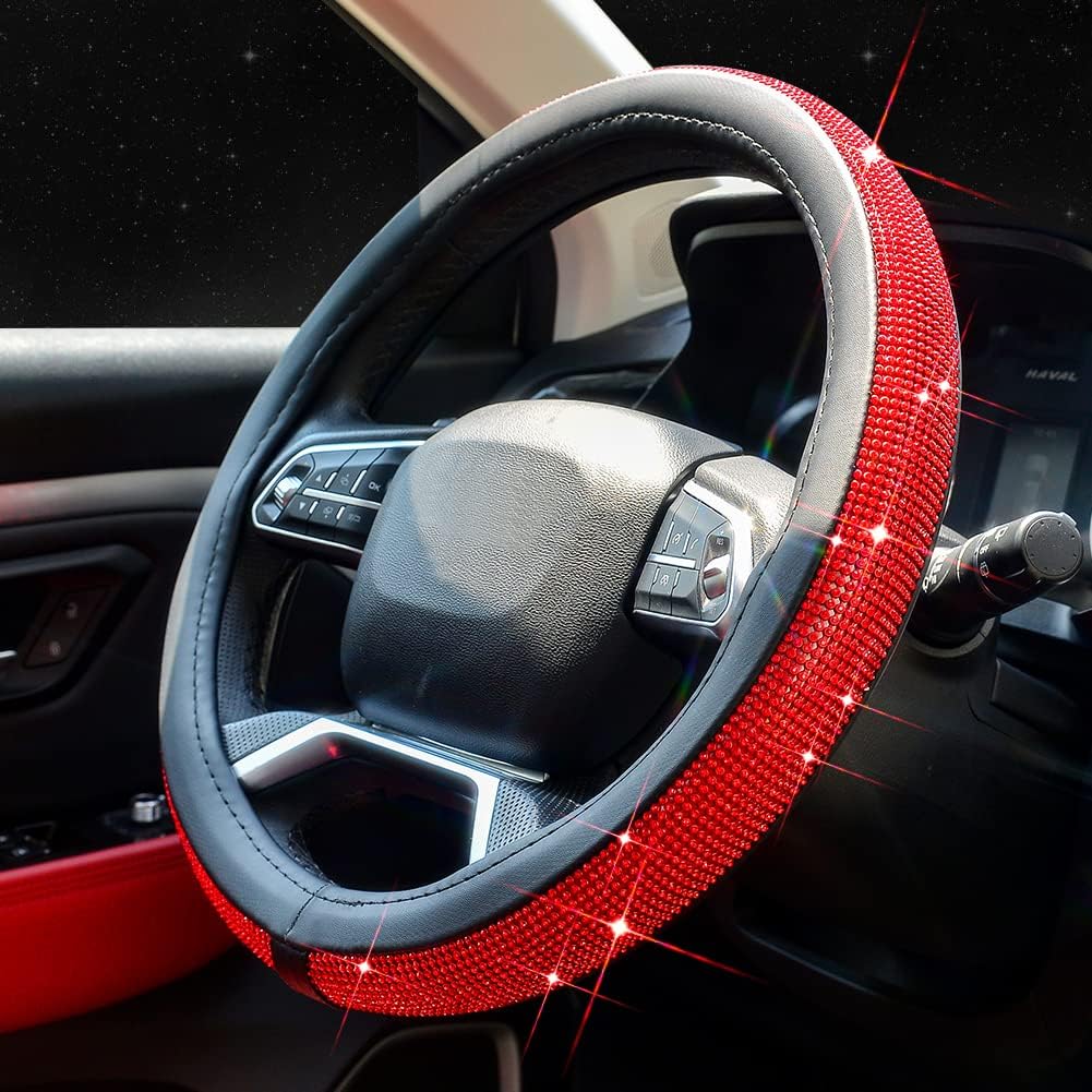 ChuLian New Diamond Leather Steering Wheel Cover with Bling Bling Crystal Rhinestones, Universal Fit 15 Inch Car Wheel Protector for Women Girls Red Diamond - Image 2