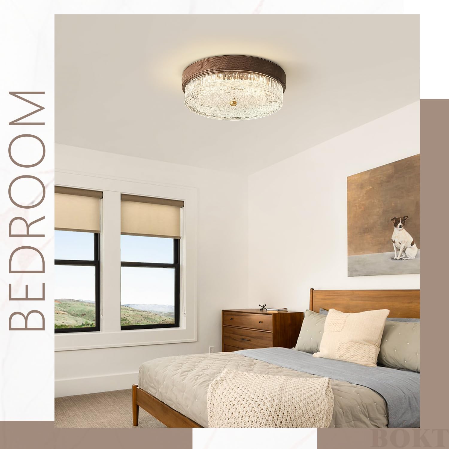 BOKT Farmhouse Wooden Flush Mount Ceiling Light Fixture Adjustable 3000K-6000K Ceiling Lights Walnut Wood Color Circle Ceiling Lamp Indoor Hallway Hanging Light Kitchen Close to Ceiling Lights