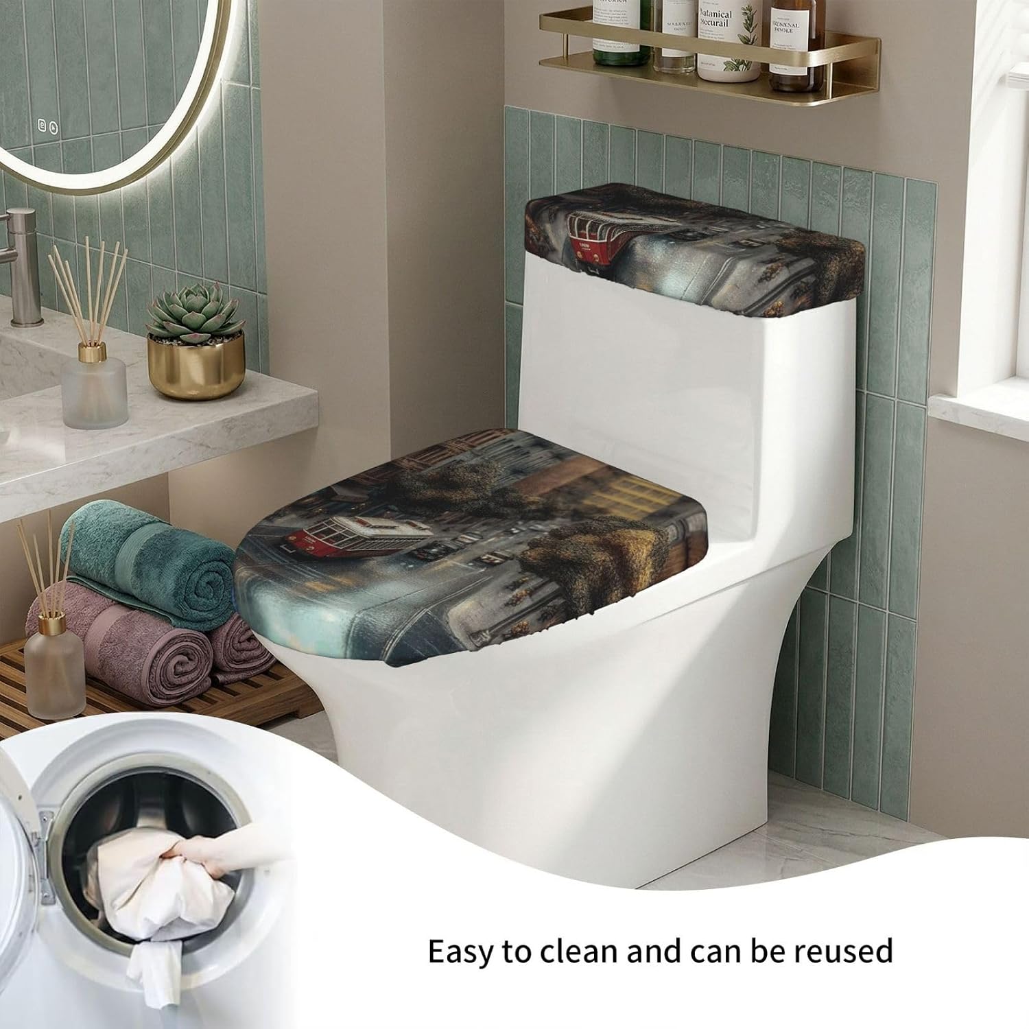 Large City Street Toilet Tank Cover And Toilet Lid Cover Set Stretch Bathroom Toilet Lid Seat Cover