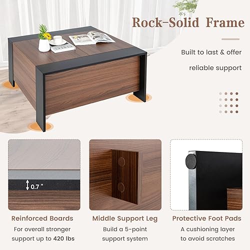 Miniatura 6 de COSTWAY Mesa auxiliar deslizante con almacenamiento oculto, mesa central cuadrada extraíble de 36.5 pulgadas con 5 pies de soporte, mesa de té de