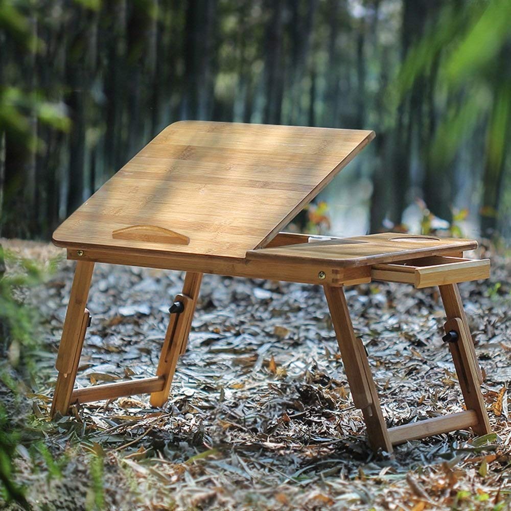 Bureau d'ordinateur portable pour canapé-lit avec plateau inclinable réglable, plateau de service pour petit-déjeuner avec pieds pliants, table multifonction, bureau au sol, 100 % bambou nature (tail