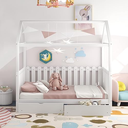 Miniatura 93 de Base de cama de casa de tamaño individual con techo y valla, marco de cama de madera para niños pequeños, adolescentes, niñas, niños, se puede