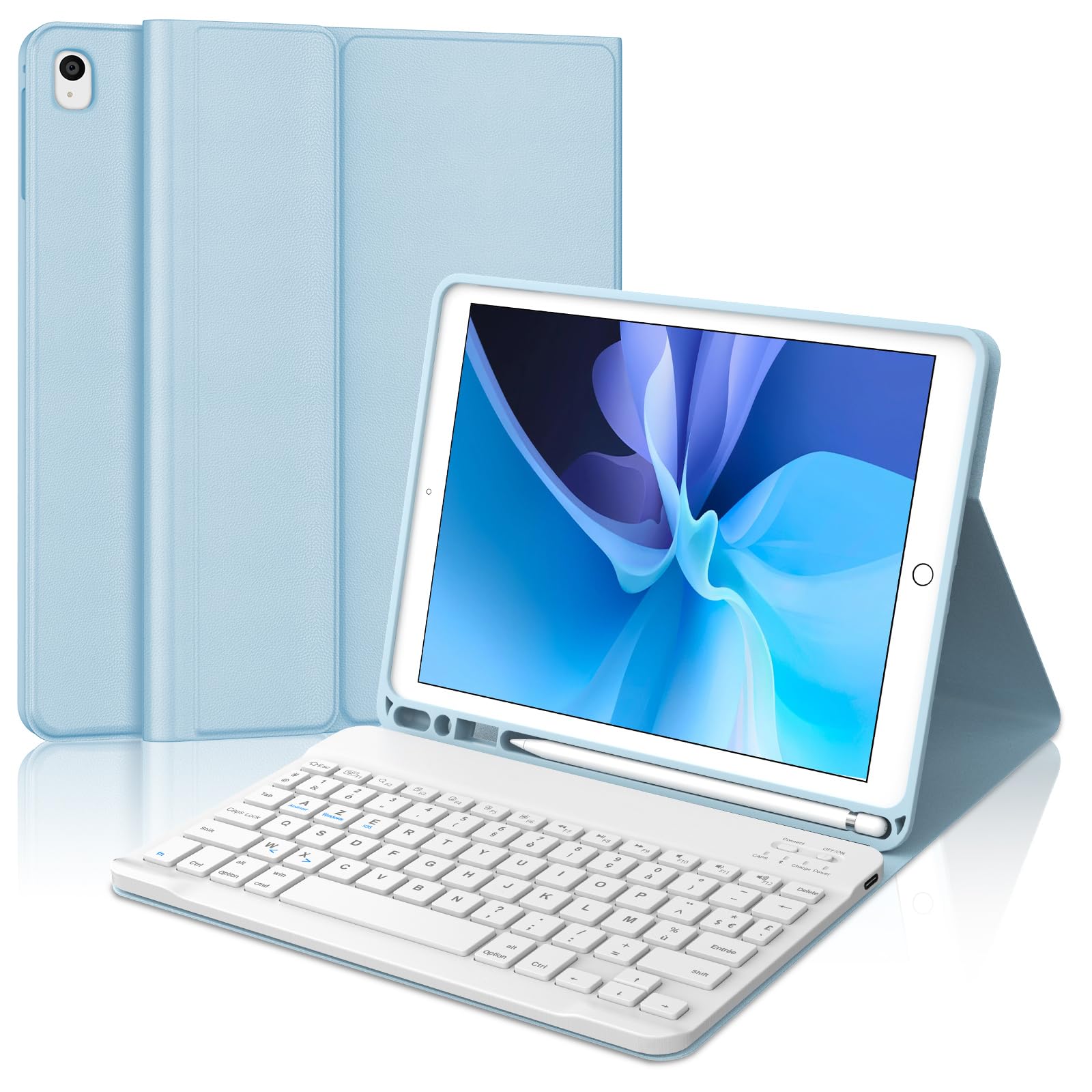 Coque Clavier pour iPad 9e/8e/7e Génération 10.2 Pouces, AZERTY Français Housse Clavier Bluetooth Détachable avec Porte Crayon pour iPad 2021/2020/2019 10.2"/Air 3 2019/iPad Pro 10.5 2017, Bleu Ciel