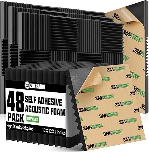 Paquete de 48 paneles de espuma autoadhesivos a prueba de sonido, 2 x 12 x 12 pulgadas, paneles acústicos de alta densidad, cuñas de espuma acústica