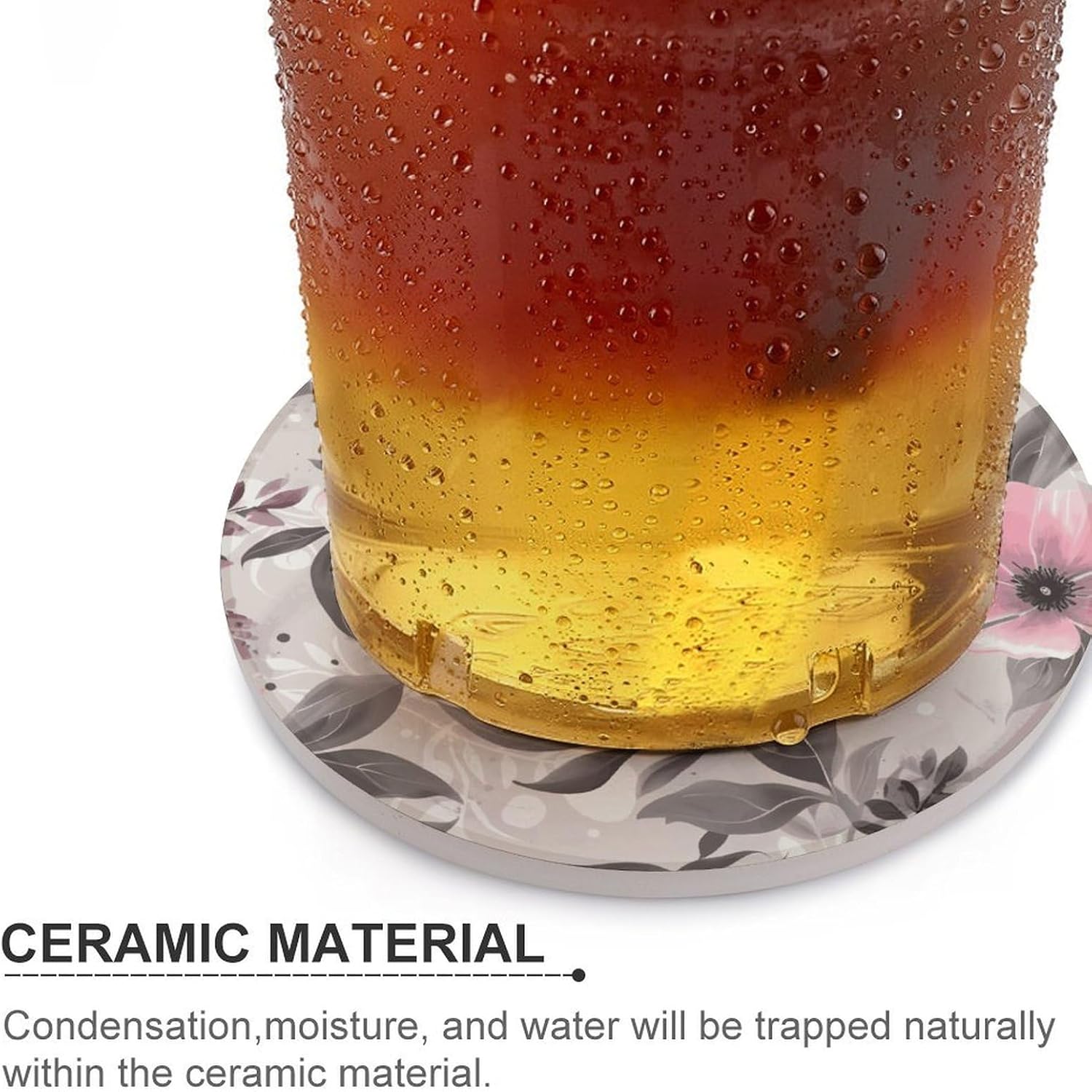 Pink Flowers and Leaves on Gray Coaster with Cork Base Drink Coasters for Coffee Table Decor Modern Cup Coasters with Non-Slip & Heat-Resistant Cute Ceramic Table Coaster for Home Dining