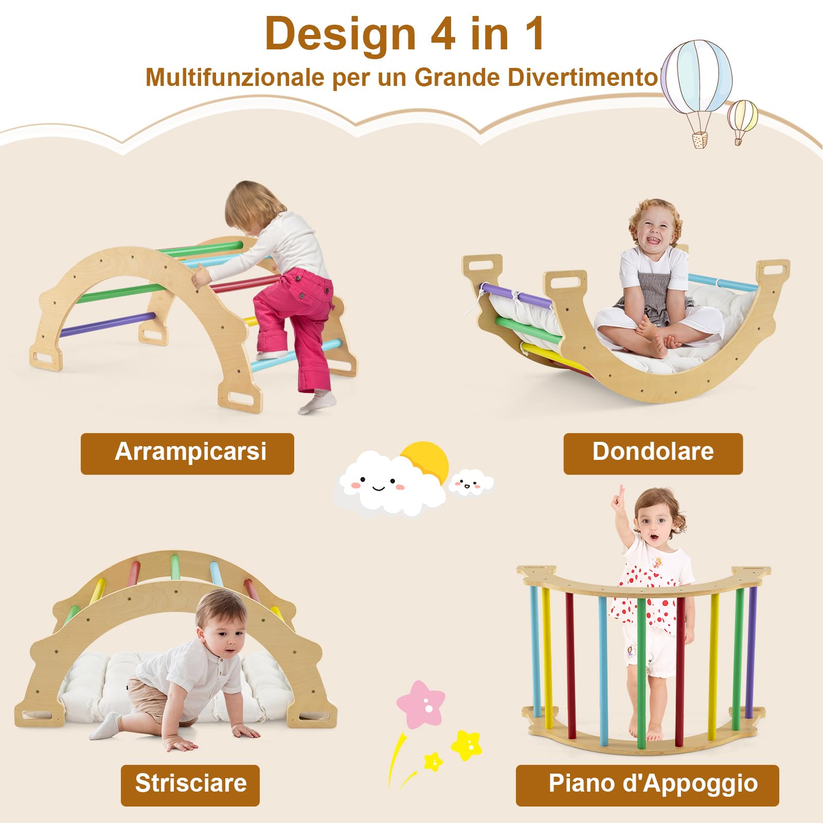 GYMAX Arco da Arrampicata per Bambini, Arco a Dondolo in Legno con Cuscino Accogliente, Struttura per Arrampicata e Dondolo in Legno per Bambini 1+ Anni (Colorato, 81,5 x 50 x 38 cm)