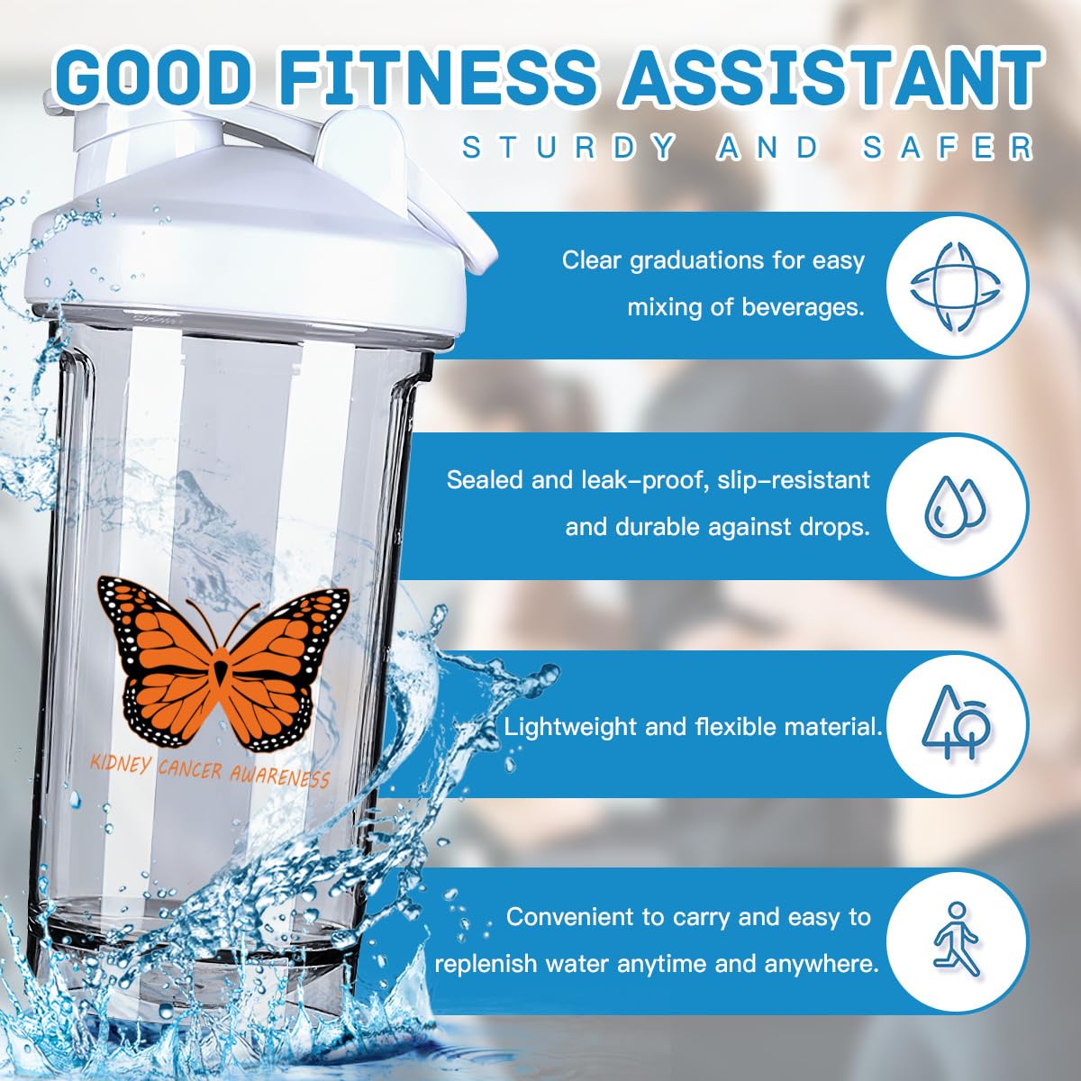 Kidney Cancer Awareness 18 Ounce Shaker Bottle Drink Mixer Leak-proof Pre Workout Protein Shakes Meal Replacement Shakes Bottles 500ML/18 Oz White