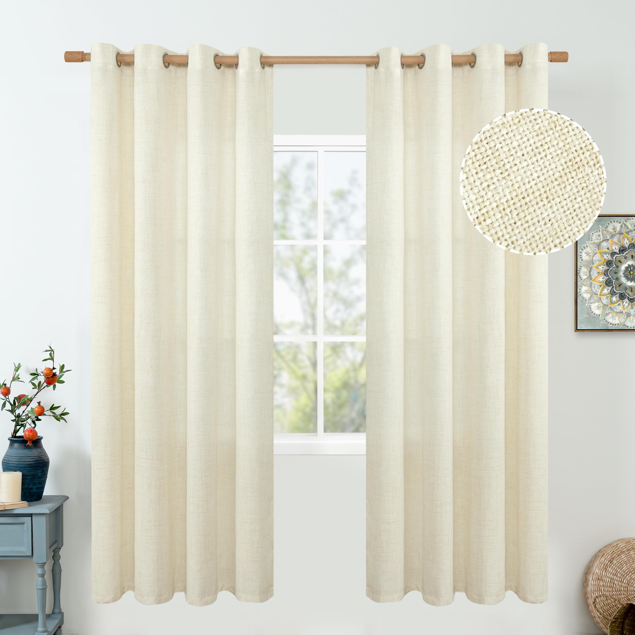 QUEMAS Cream Linen Curtains 72 Inch Length for Bedroom/Dining Room Window Light Filtering, Thick Burlap Semi Sheer Farmhouse Non See Through Grommet Living Room Drapes, 52 Inch Wide 2 Panel Set