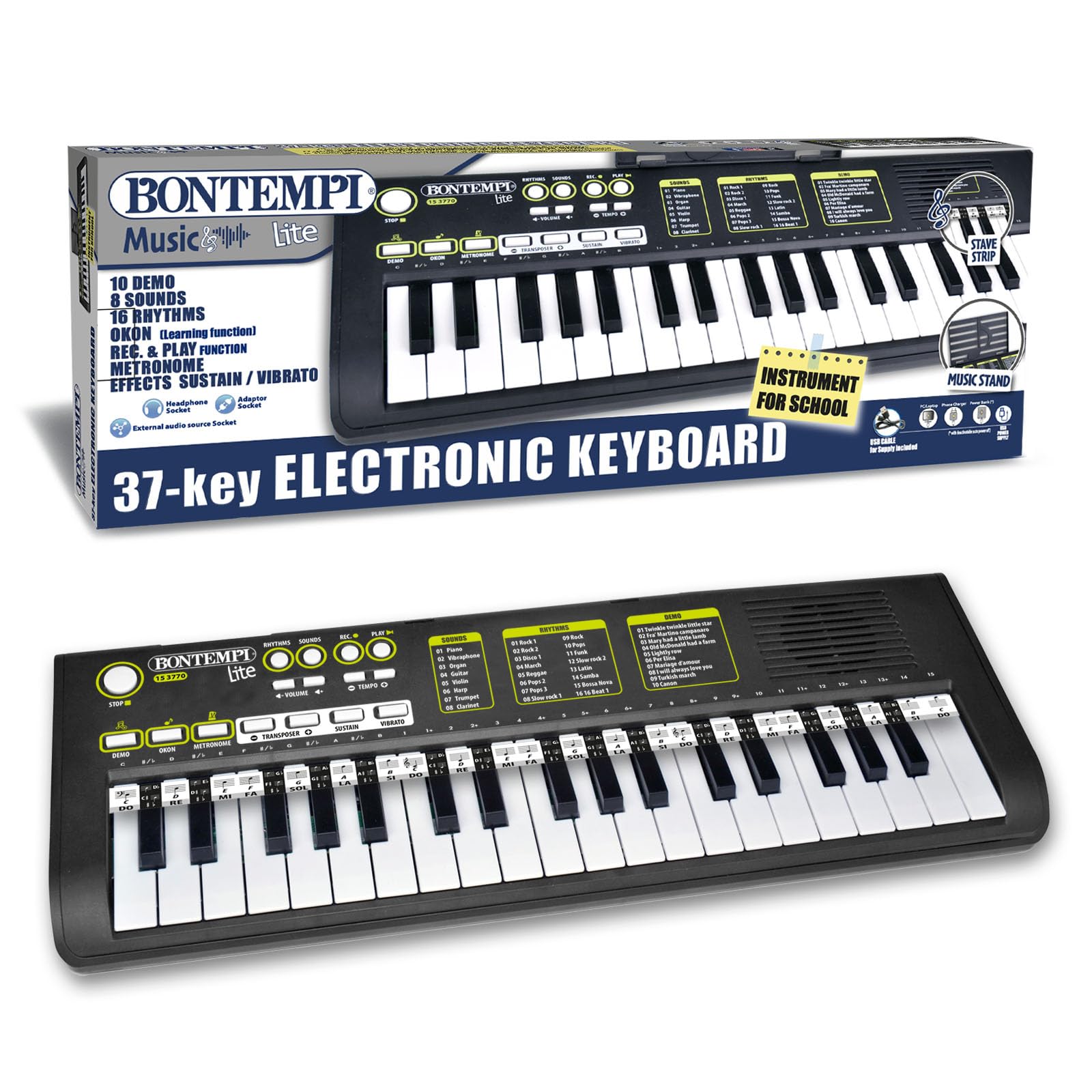 Bontempi KeyRhythm Tastiera Digitale 37 Tasti 2 cm Apprendimento USB-C 544x184x54mm per Bambini
