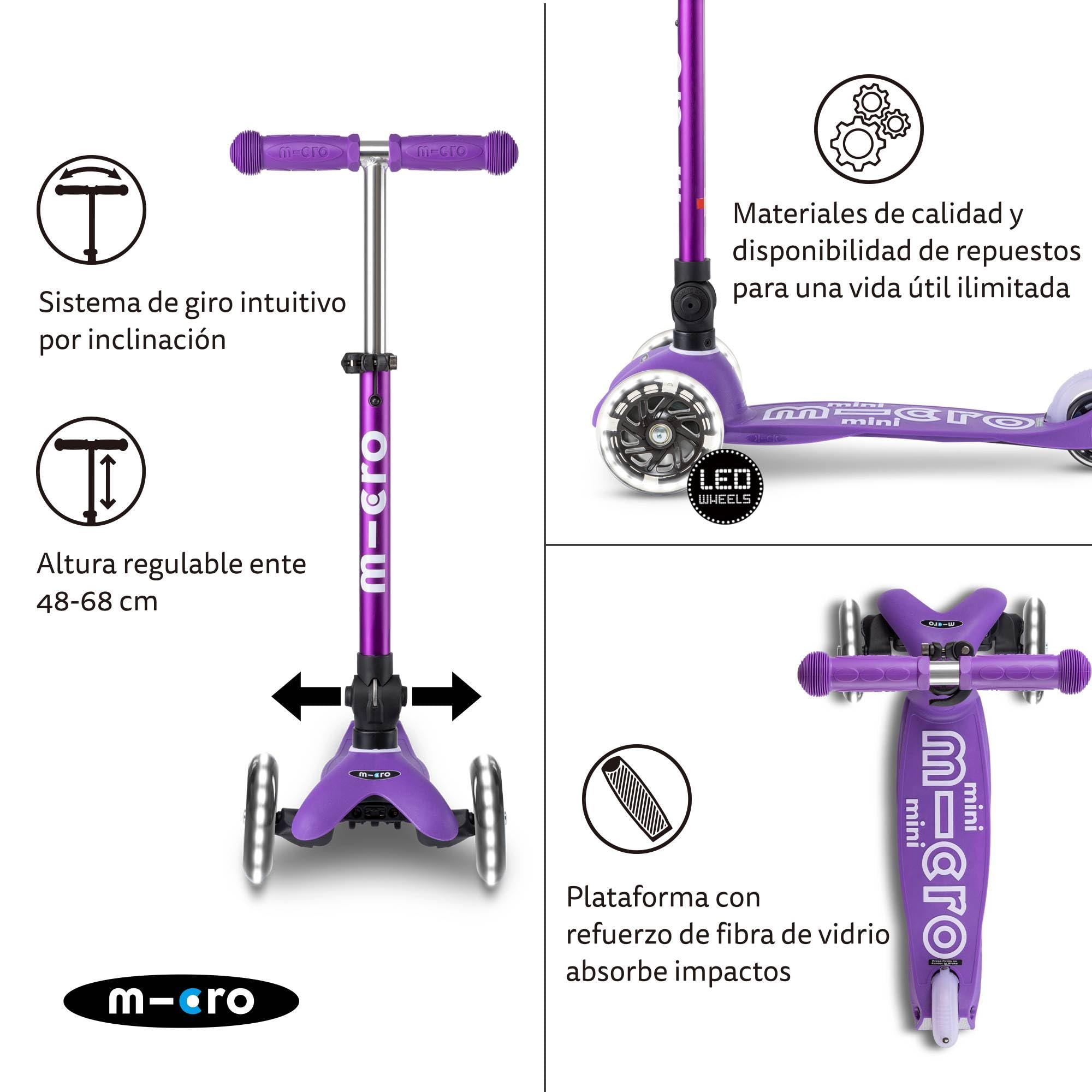 Micro Kickboard | Mini patinete plegable LED para niños de 2 a 5 años | Niños de hasta 110 libras | Diseño de 3 ruedas de inclinación para dirigir | Barra en T ajustable | Paseo suave, ruedas LED de