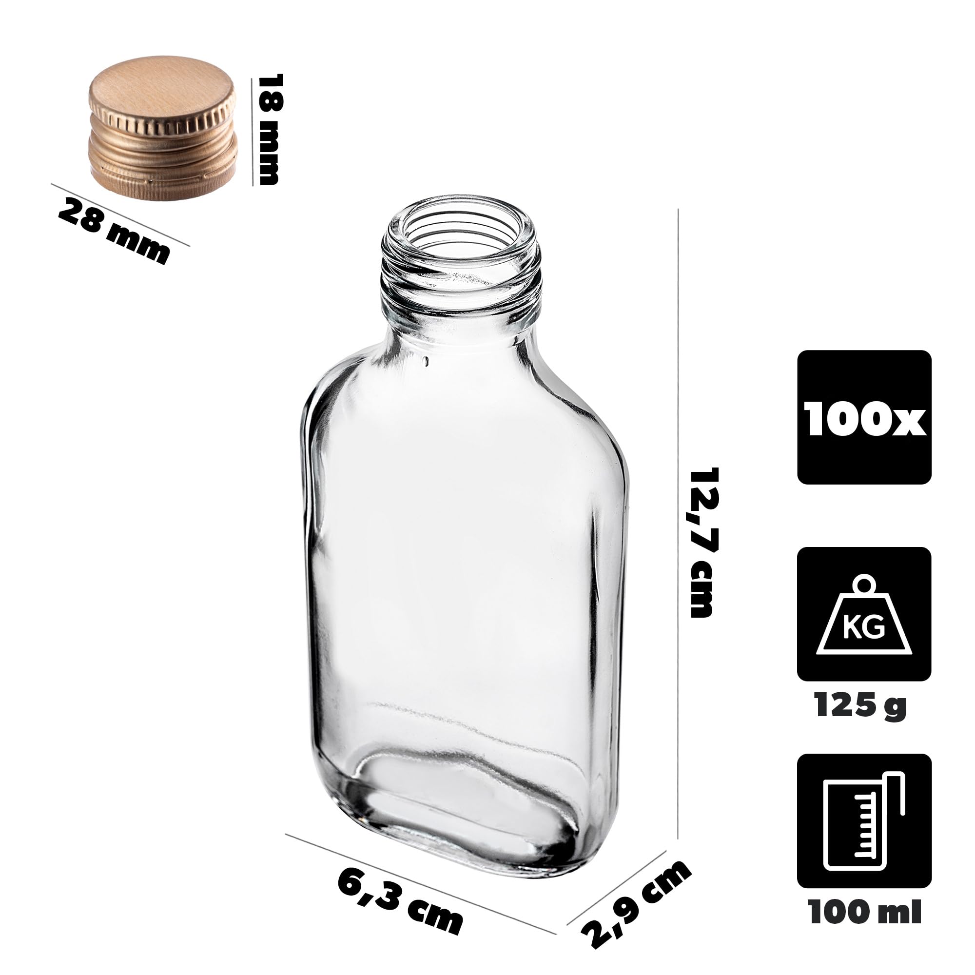 KADAX – Lote de 100 minibiberones de vidrio de 100 ml con tapón de rosca, minibotellas vacías para rellenar, minibotellas de licor, botellas de alcohol (dorado)