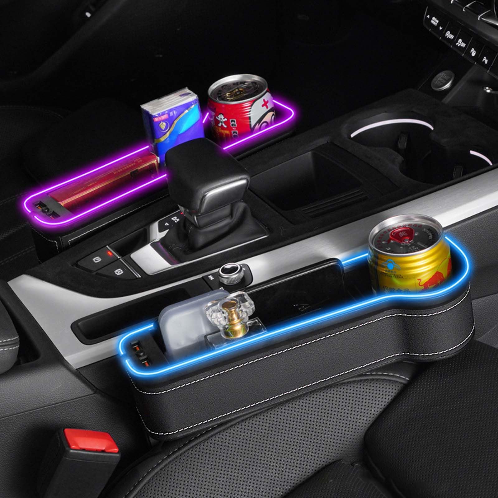 2 Pezzi Scatola Portaoggetti per Seggiolino Auto, Luce Portabicchieri a LED per Auto, Organizer per Auto Sedile Anteriore con Portabicchieri, Porta USB e Luce LED